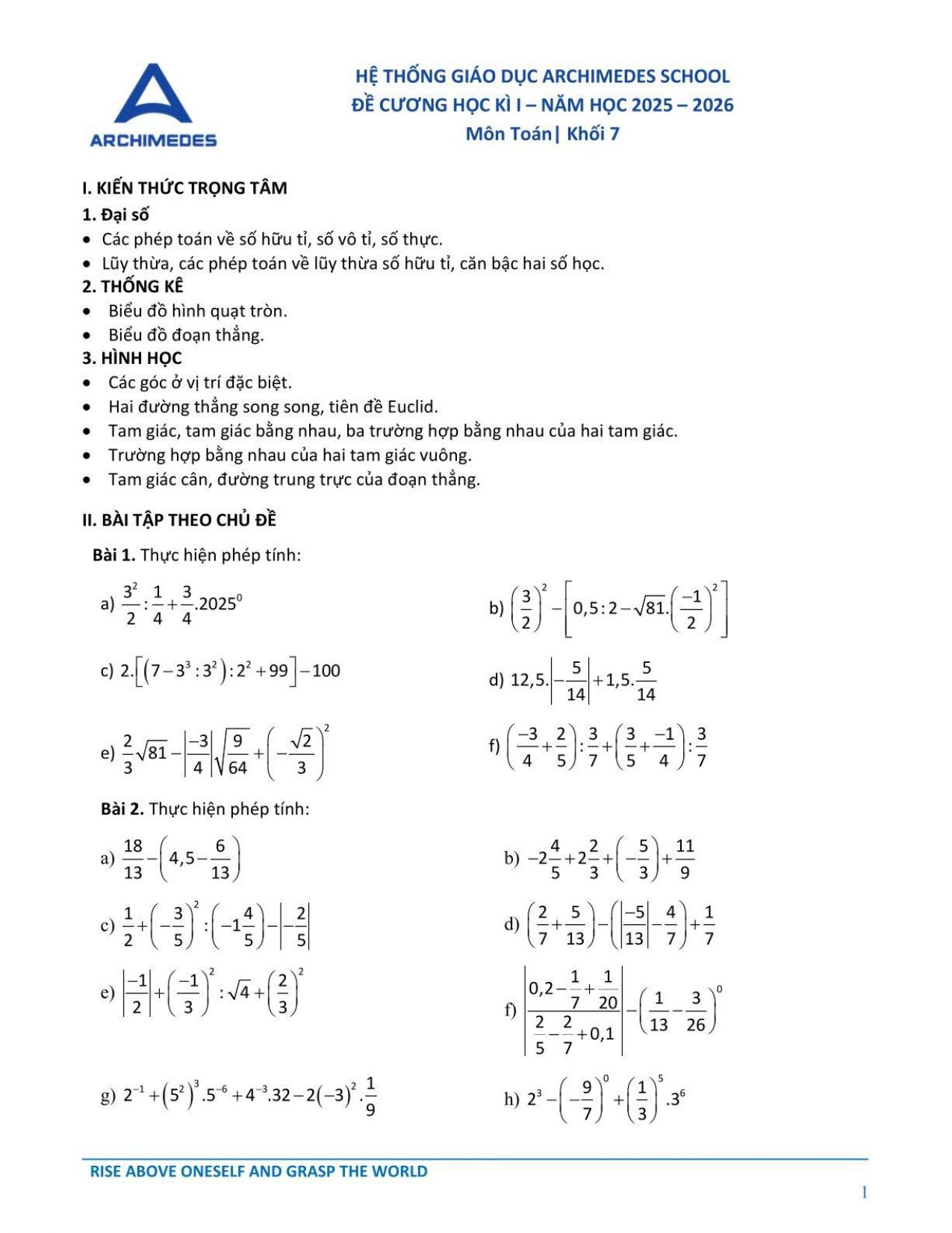 Đề cương ôn tập Giữa kì 1 Toán 7 hệ thống GD Archimedes School (Hà Nội) năm 2025–2026