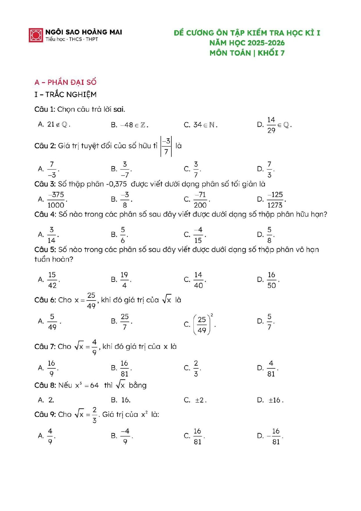 Đề cương ôn tập Học kì 1 Toán 7 trường Ngôi Sao Hoàng Mai (Hà Nội) năm 2025–2026