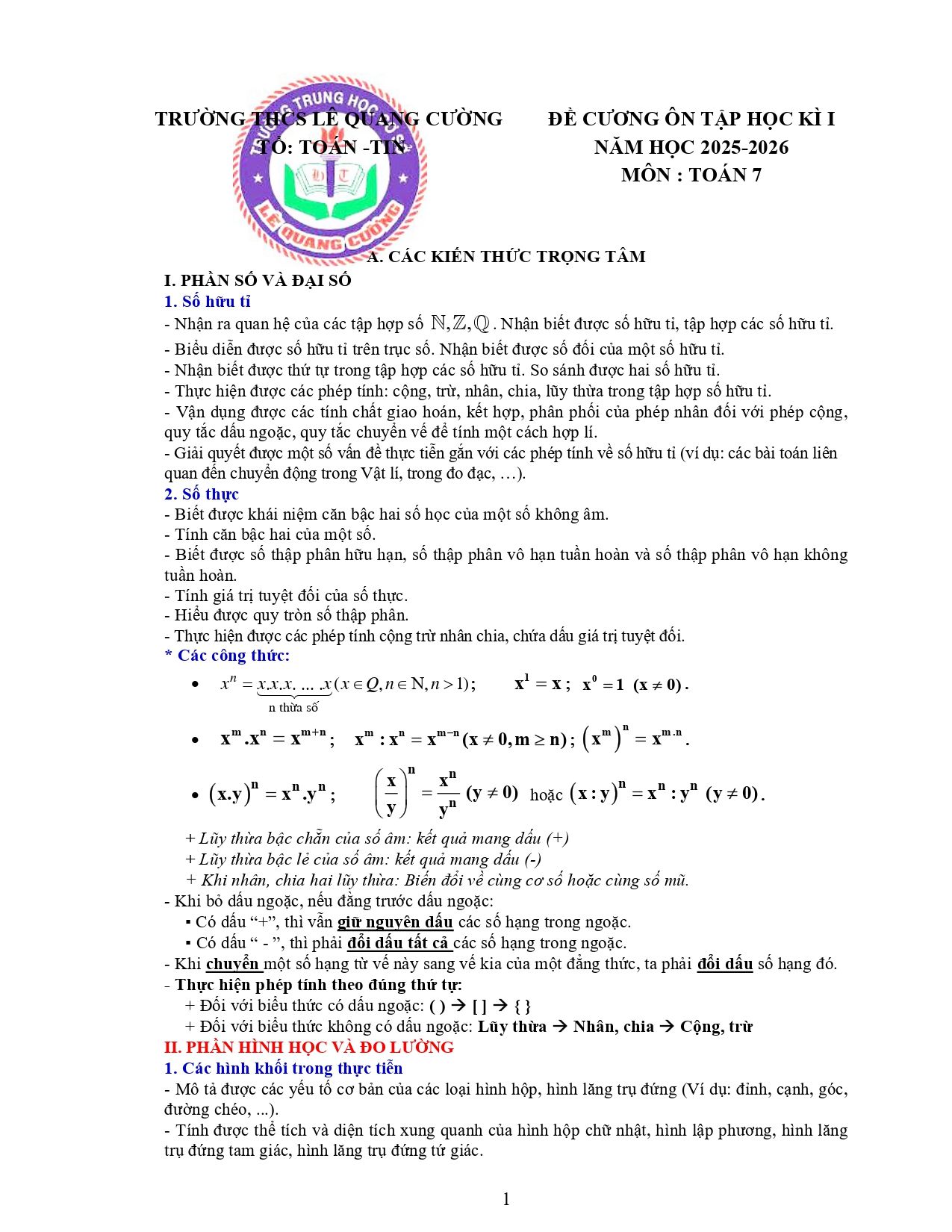 Đề cương ôn tập Học kì 1 Toán 7 trường THCS Lê Quang Cường (TP Hồ Chí Minh) năm 2025–2026