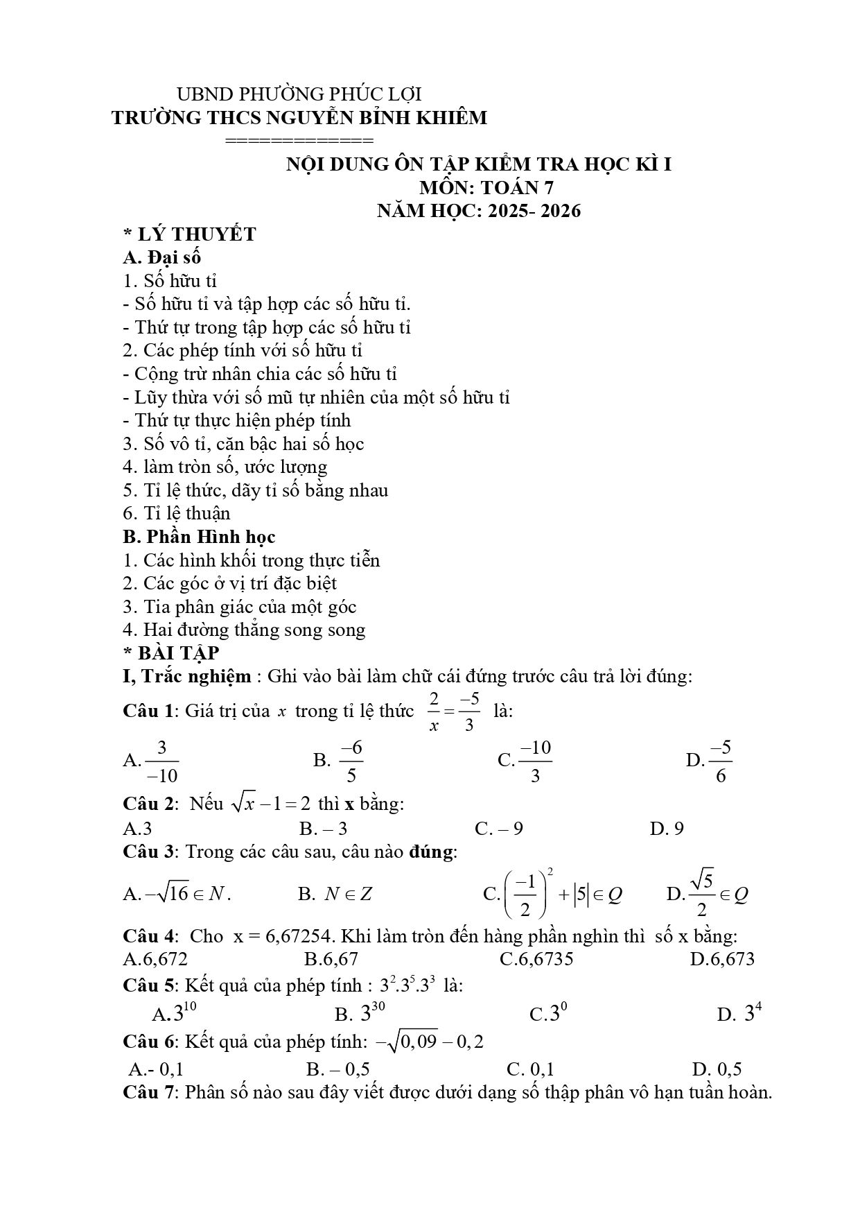 Đề cương ôn tập Học kì 1 Toán 7 trường THCS Nguyễn Bỉnh Khiêm (Hà Nội) năm 2025–2026