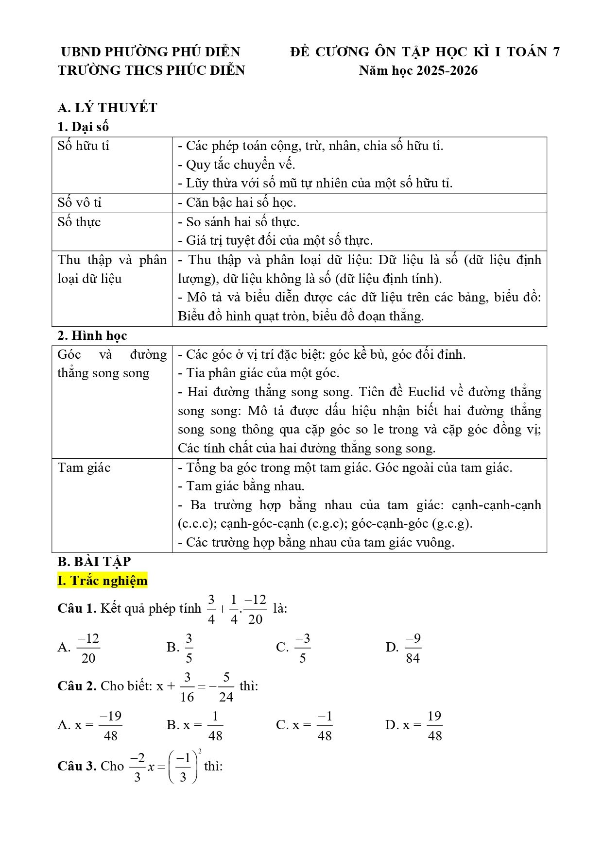 Đề cương ôn tập Học kì 1 Toán 7 trường THCS Phúc Diễn (Hà Nội) năm 2025–2026