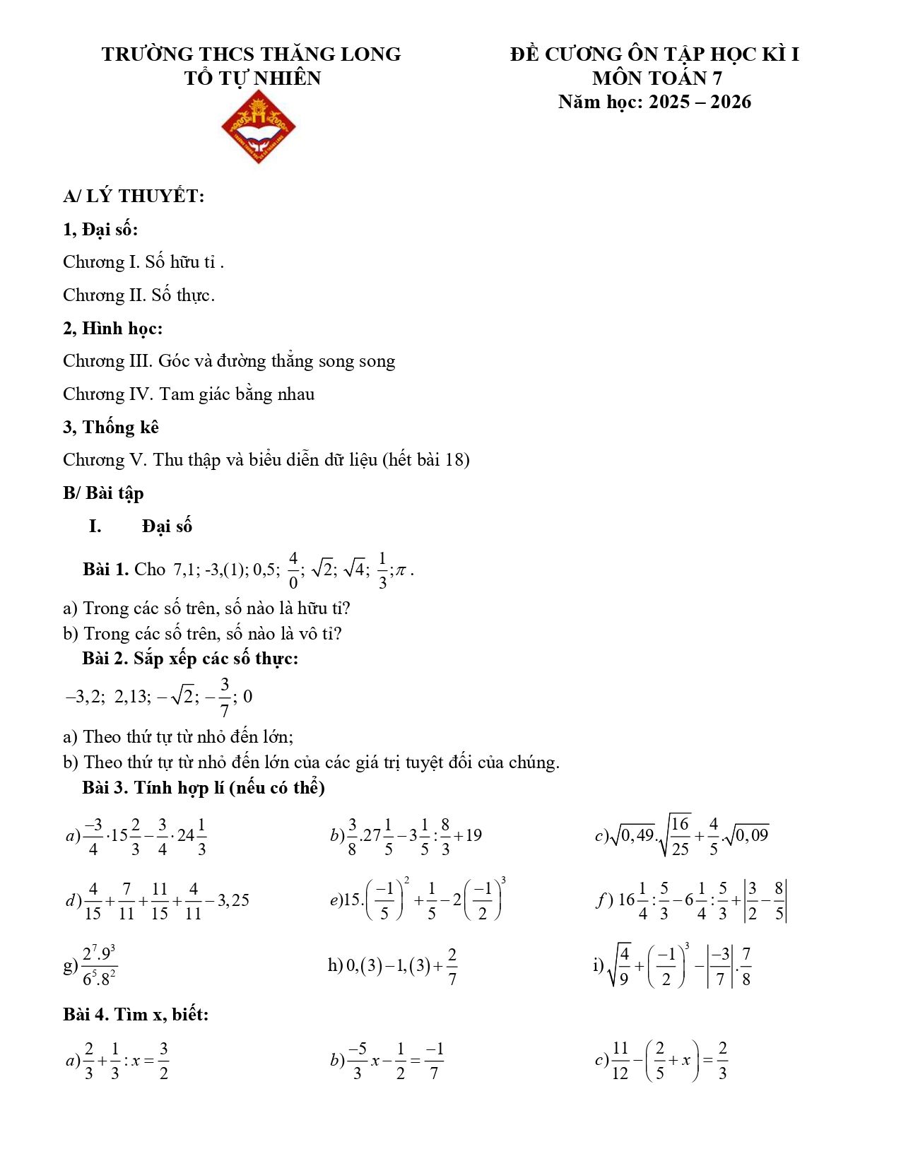 Đề cương ôn tập Học kì 1 Toán 7 trường THCS Thăng Long (Hà Nội) năm 2025–2026