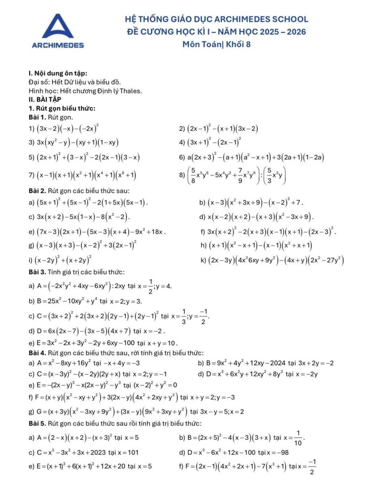 Đề cương ôn tập Học kì 1 Toán 8 hệ thống GD Archimedes School (Hà Nội) năm 2025–2026