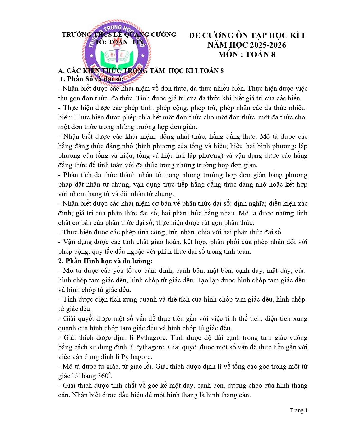 Đề cương ôn tập Học kì 1 Toán 8 trường THCS Lê Quang Cường (TP Hồ Chí Minh) năm 2025–2026