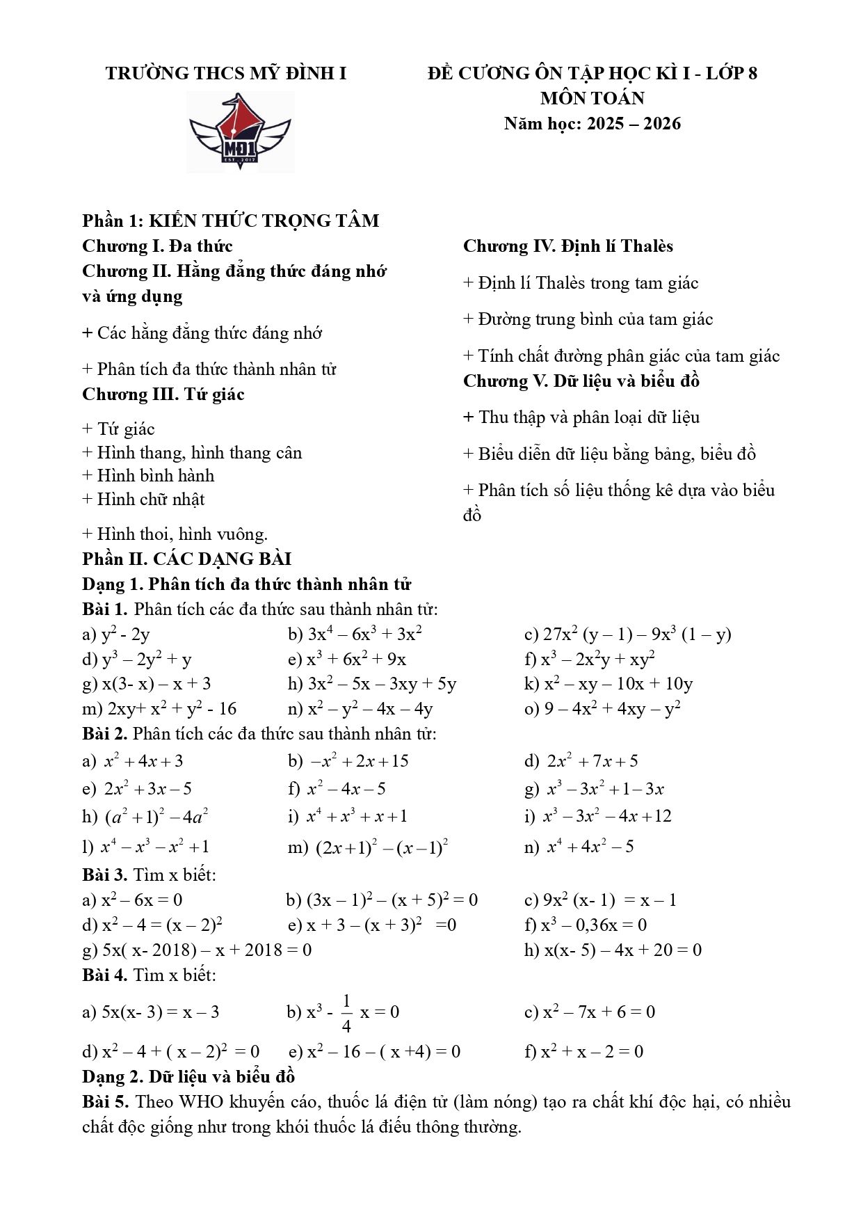 Đề cương ôn tập Học kì 1 Toán 8 trường THCS Mỹ Đình 1 (Hà Nội) năm 2025–2026