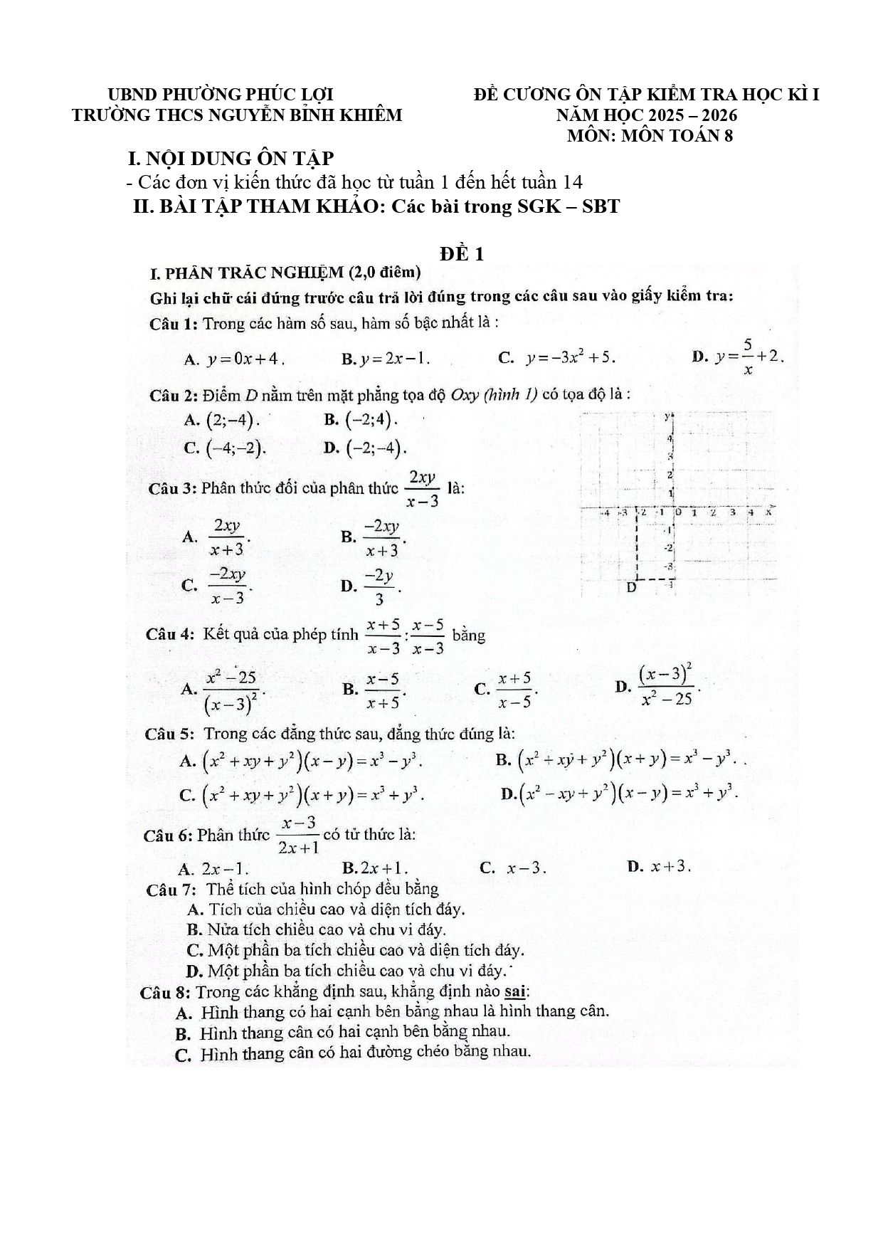 Đề cương ôn tập Học kì 1 Toán 8 trường THCS Nguyễn Bỉnh Khiêm (Hà Nội) năm 2025–2026