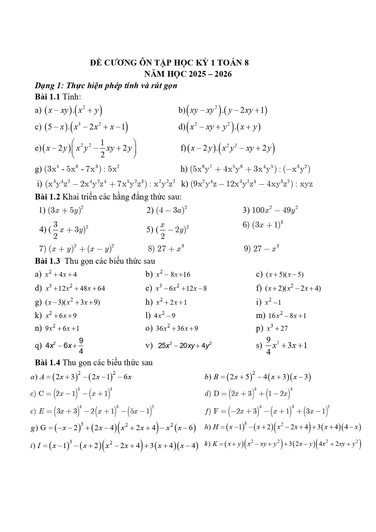 Đề cương ôn tập Học kì 1 Toán 8 trường THCS Phúc Diễn (Hà Nội) năm 2025–2026