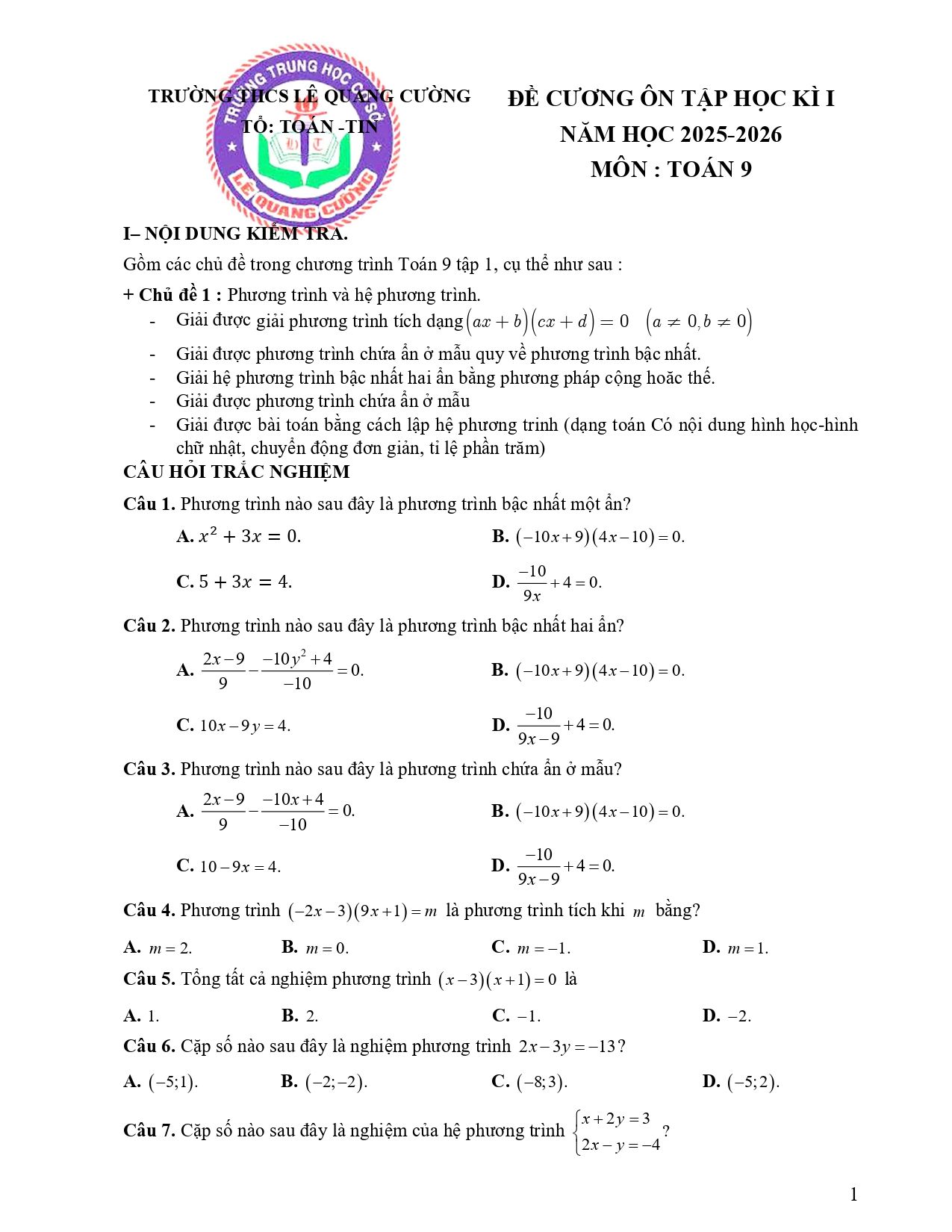 Đề cương ôn tập Học kì 1 Toán 9 trường THCS Lê Quang Cường (TP Hồ Chí Minh) năm 2025–2026