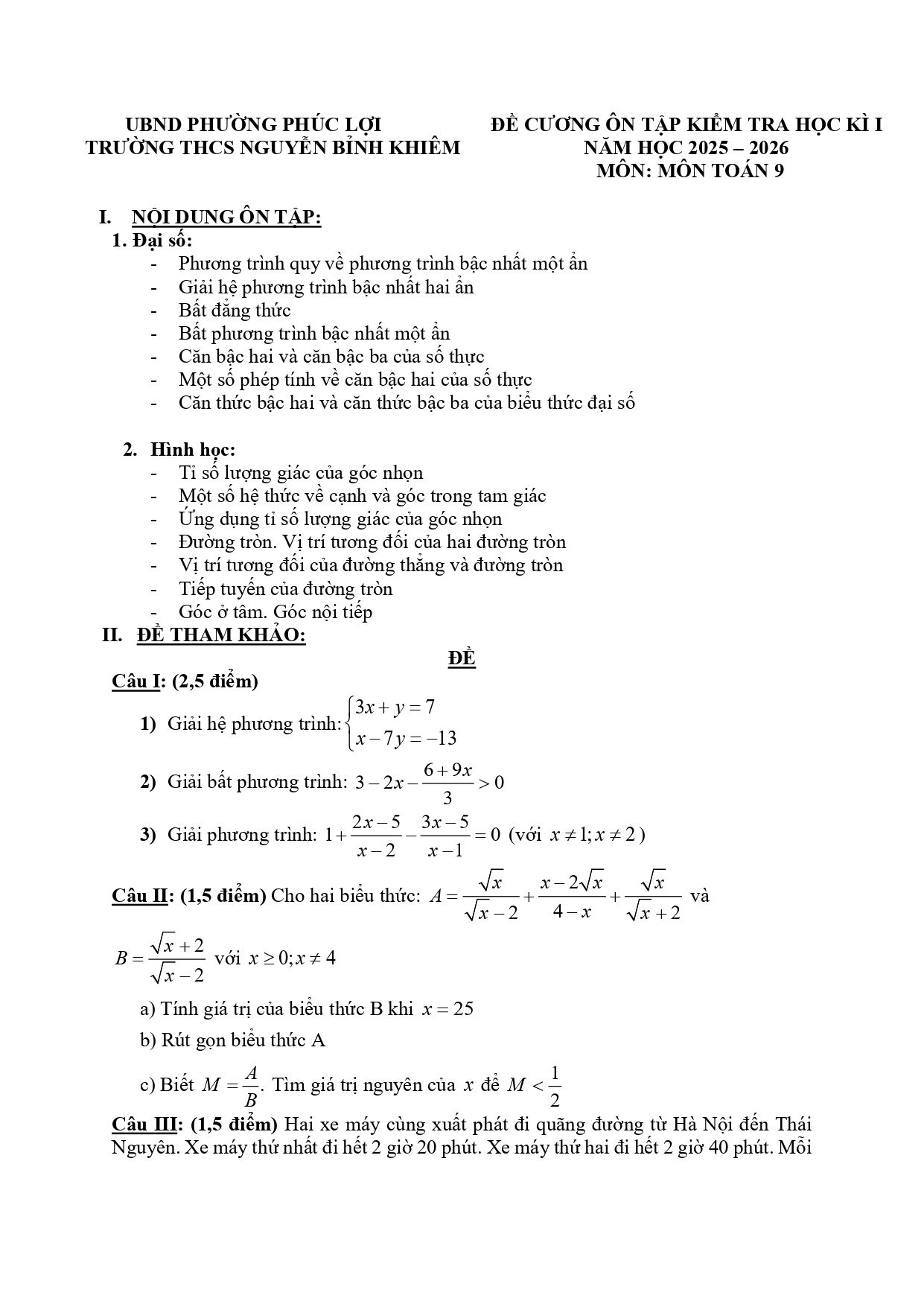 Đề cương ôn tập Học kì 1 Toán 9 trường THCS Nguyễn Bỉnh Khiêm (Hà Nội) năm 2025–2026