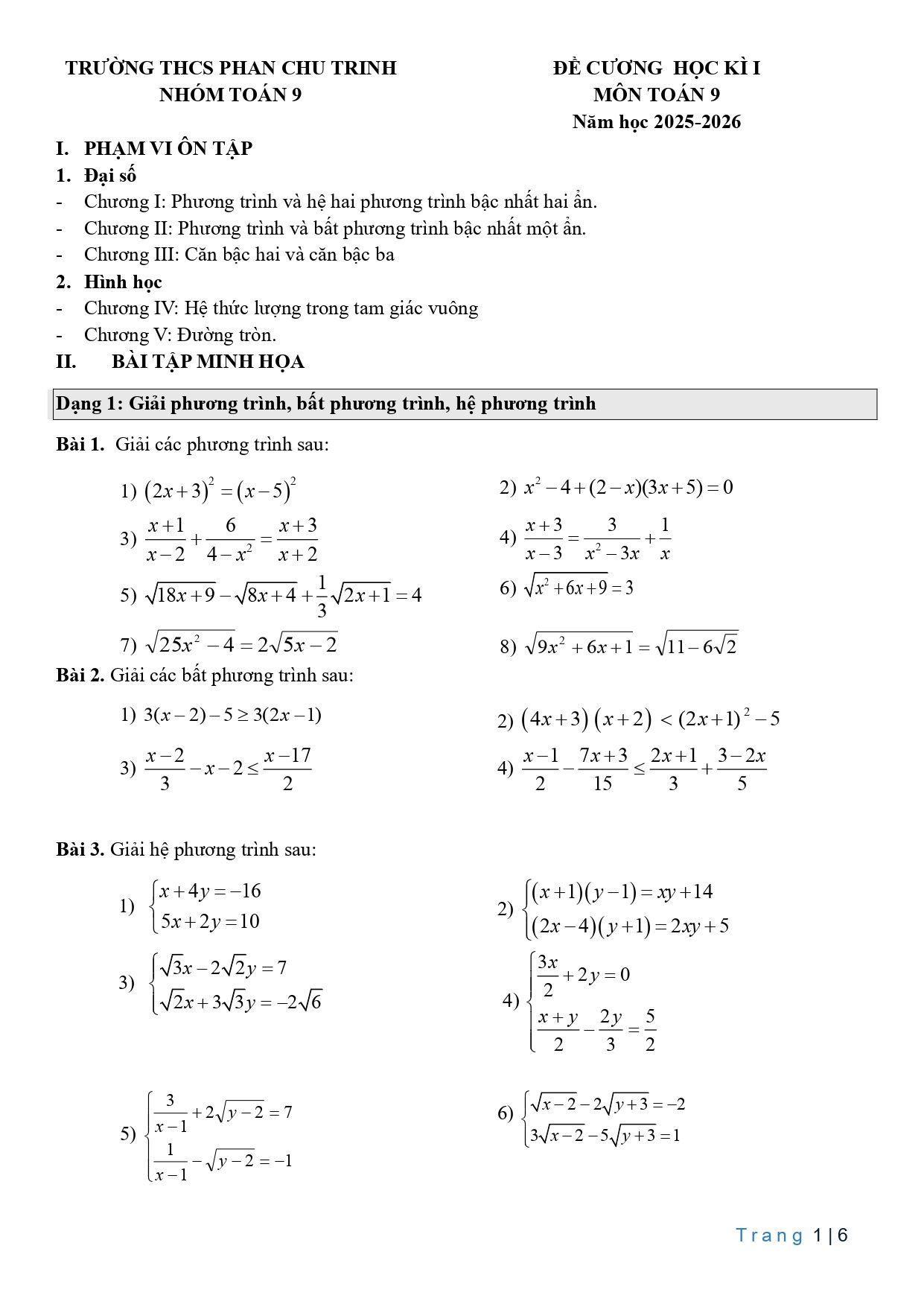 Đề cương ôn tập Học kì 1 Toán 9 trường THCS Phan Chu Trinh (Hà Nội) năm 2025–2026