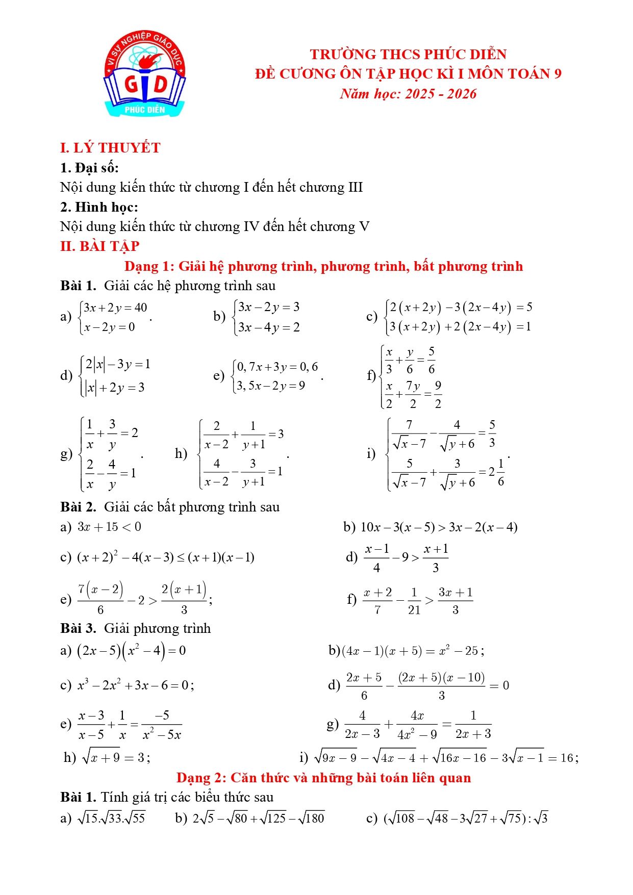 Đề cương ôn tập Học kì 1 Toán 9 trường THCS Phúc Diễn (Hà Nội) năm 2025–2026