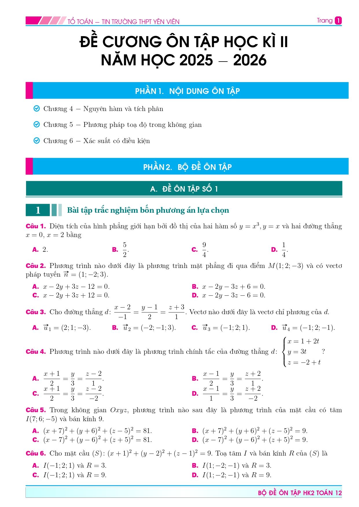 Đề cương ôn tập Học kì 2 Toán 12 trường THPT Yên Viên (Hà Nội) năm 2025–2026