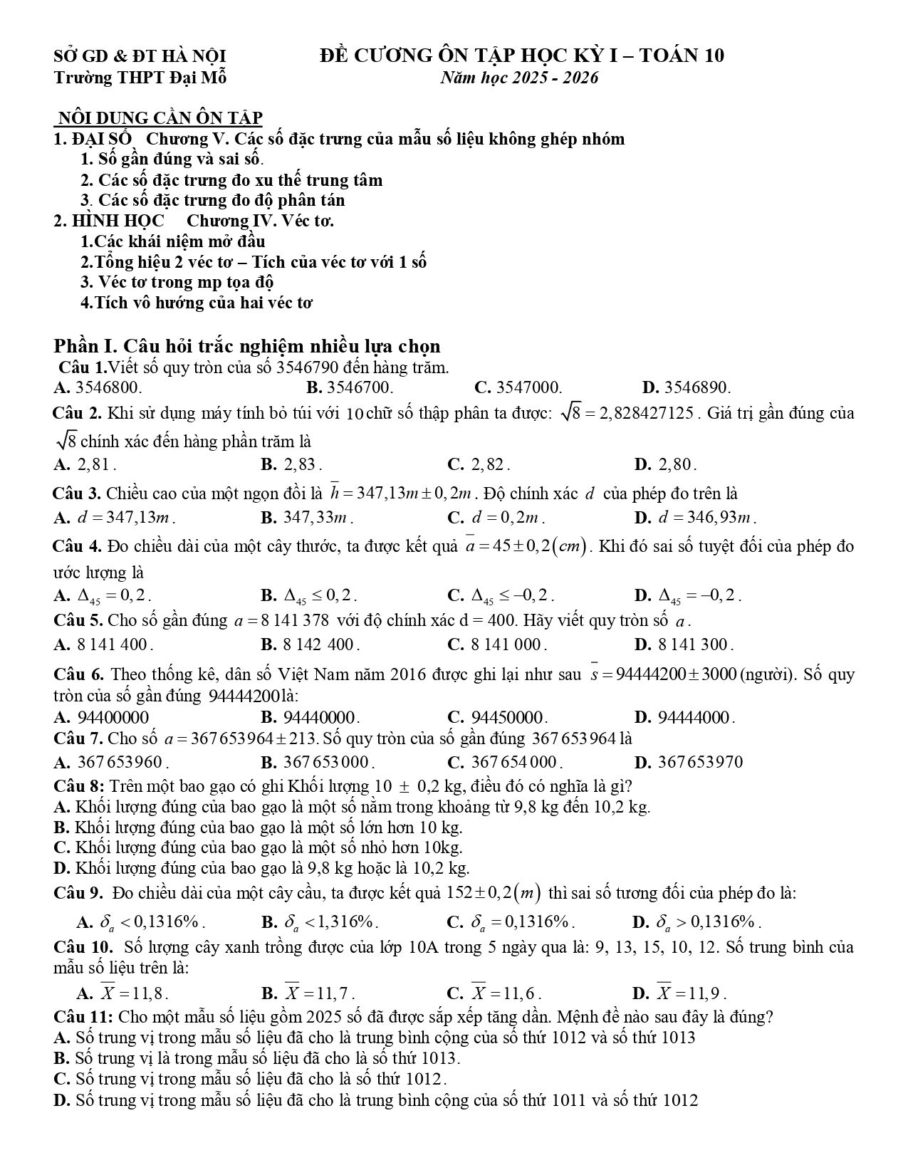 Đề cương ôn tập Học kì 1 Toán 10 trường THPT Đại Mỗ (Hà Nội) năm 2025–2026