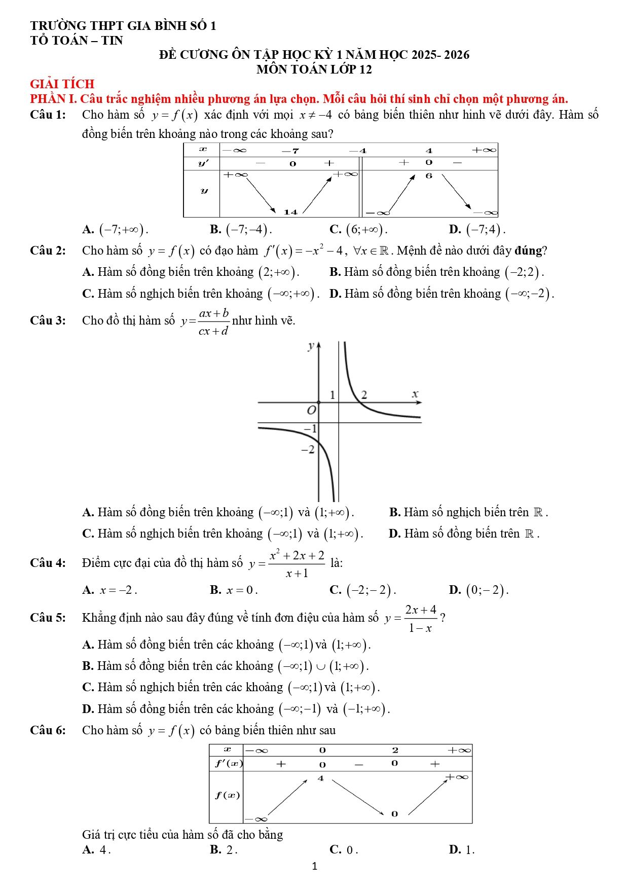 Đề cương ôn tập Học kì 1 Toán 12 trường THPT Gia Bình 1 (Bắc Ninh) năm 2025–2026