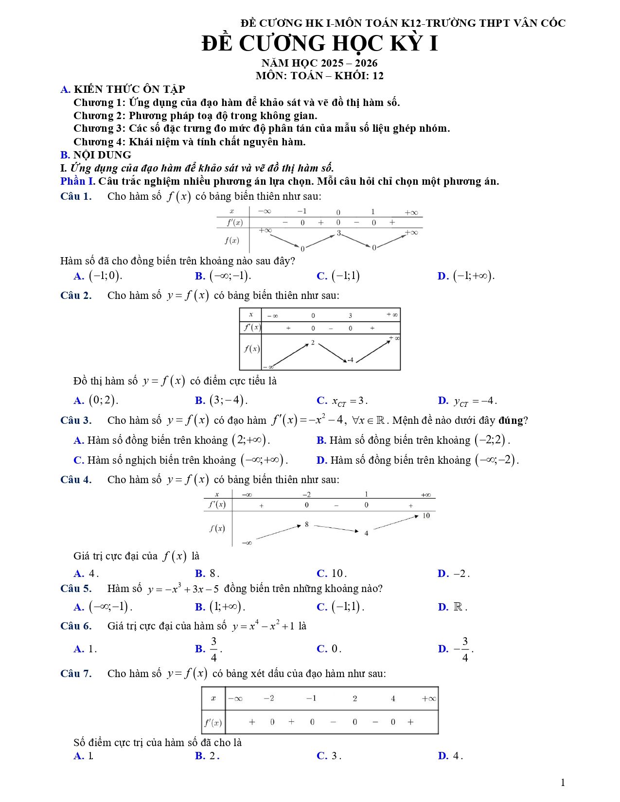 Đề cương ôn tập Học kì 1 Toán 12 trường THPT Vân Cốc (Hà Nội) năm 2025–2026
