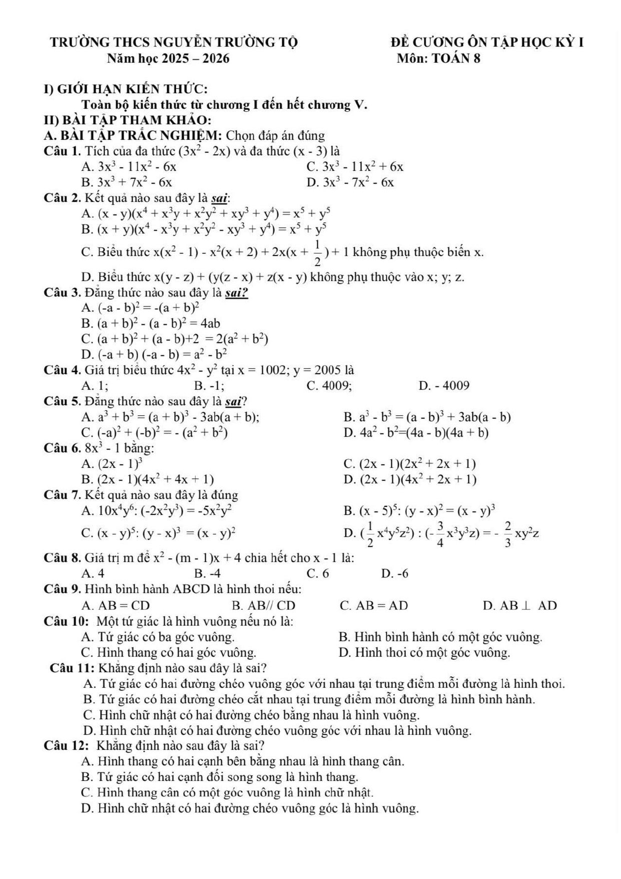 Đề cương ôn tập Học kì 1 Toán 8 trường THCS Nguyễn Trường Tộ (Hà Nội) năm 2025–2026