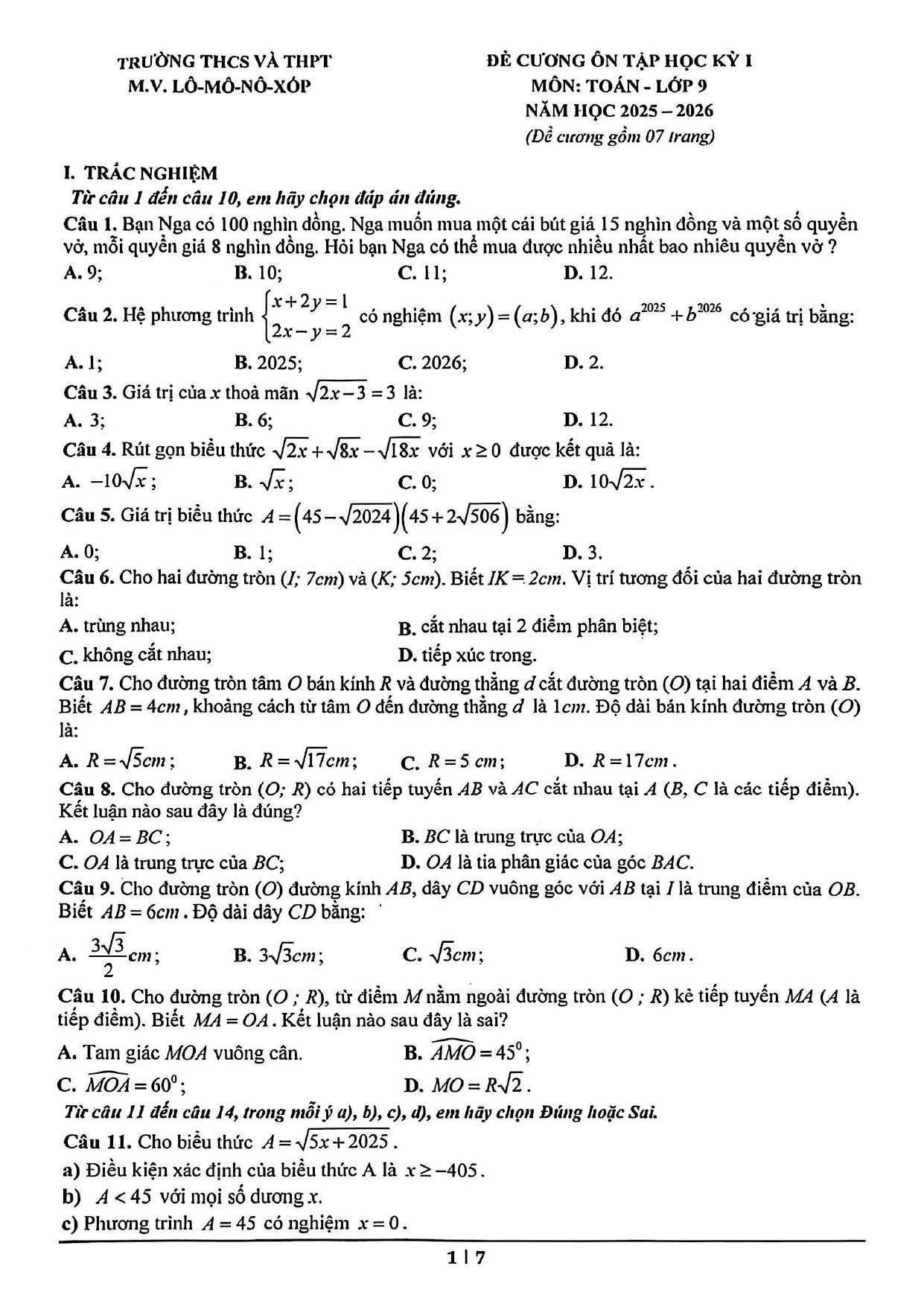 Đề cương ôn tập Học kì 1 Toán 9 trường M.V. Lômônôxốp (Hà Nội) năm 2025–2026