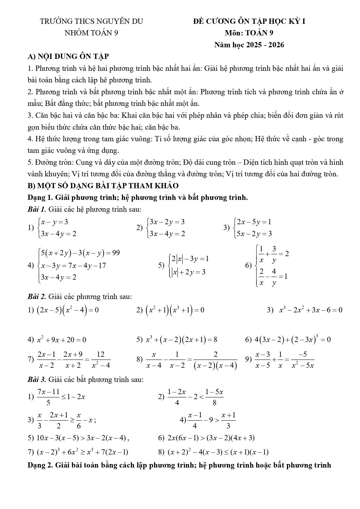 Đề cương ôn tập Học kì 1 Toán 9 trường THCS Nguyễn Du (Hà Nội) năm 2025–2026