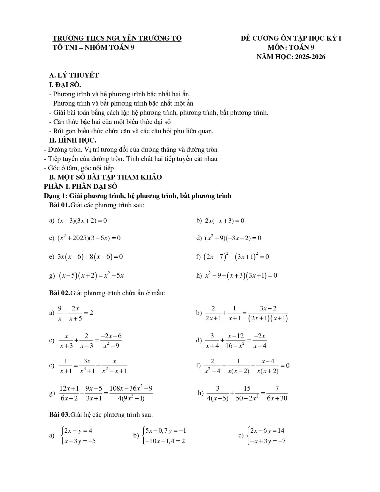 Đề cương ôn tập Học kì 1 Toán 9 trường THCS Nguyễn Trường Tộ (Hà Nội) năm 2025–2026