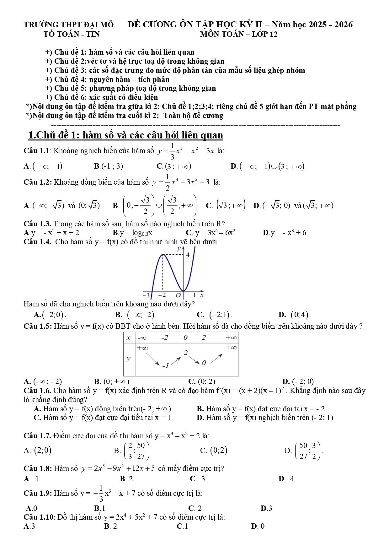 Đề cương ôn tập Học kì 2 Toán 12 trường THPT Đại Mỗ (Hà Nội) năm 2025–2026