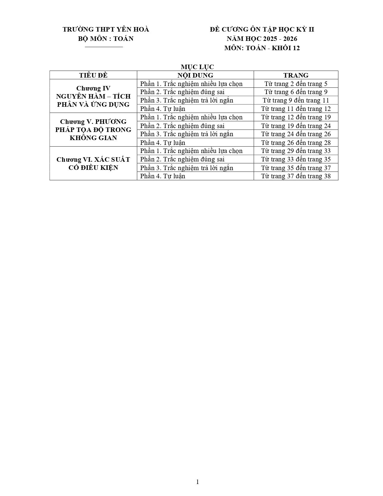 Đề cương ôn tập Học kì 2 Toán 12 trường THPT Yên Hòa (Hà Nội) năm 2025–2026