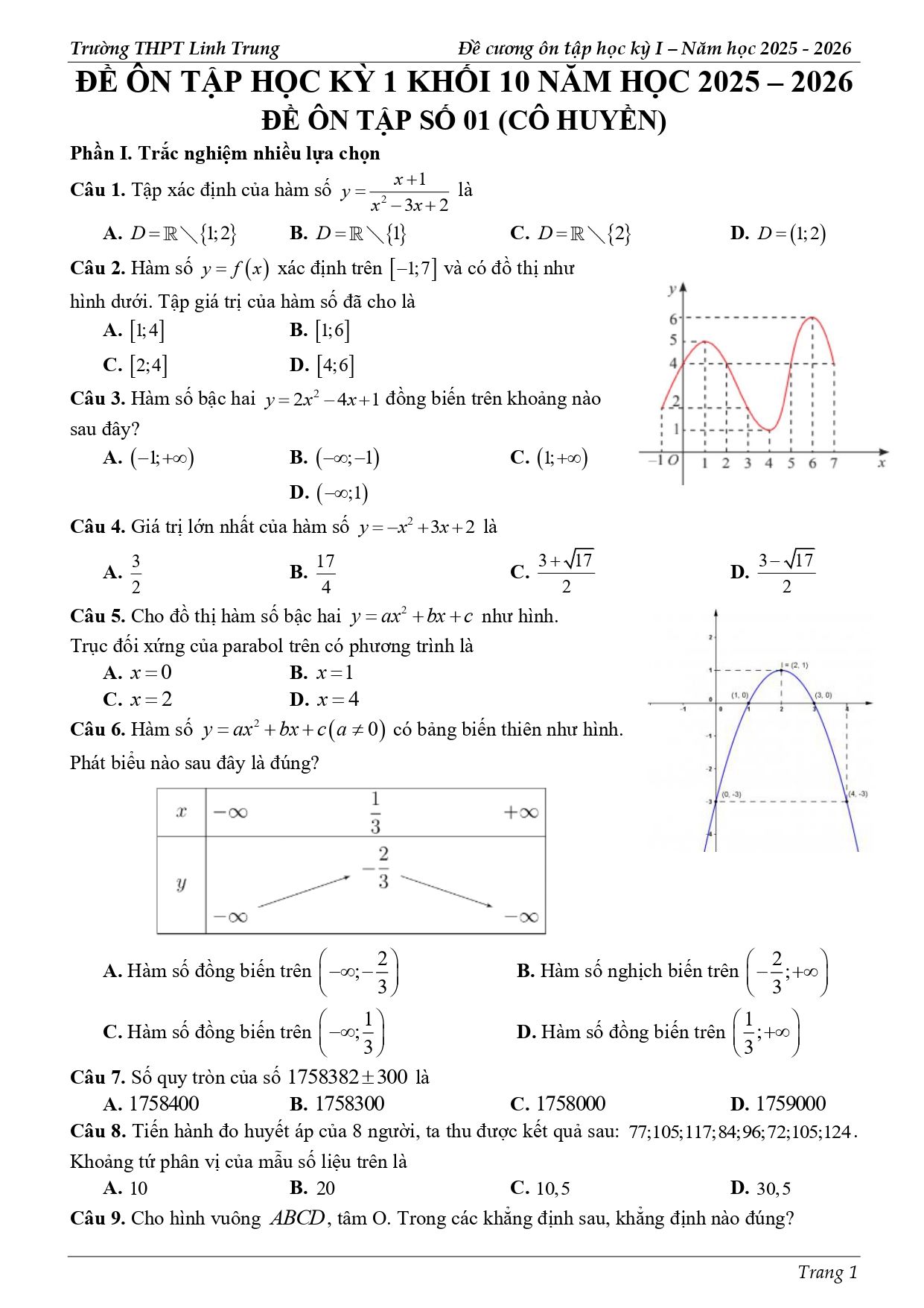 Đề cương ôn tập Học kì 1 Toán 10 trường THPT Linh Trung (TP Hồ Chí Minh) năm 2025–2026