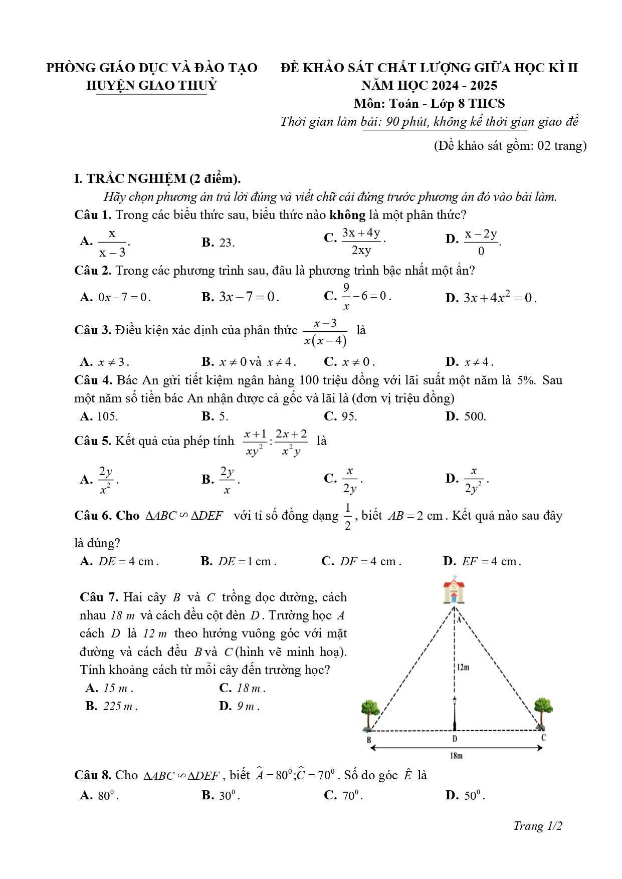 Đề thi Giữa kì 2 Toán 8 phòng GD&ĐT Giao Thủy (Nam Định) năm 2024–2025
