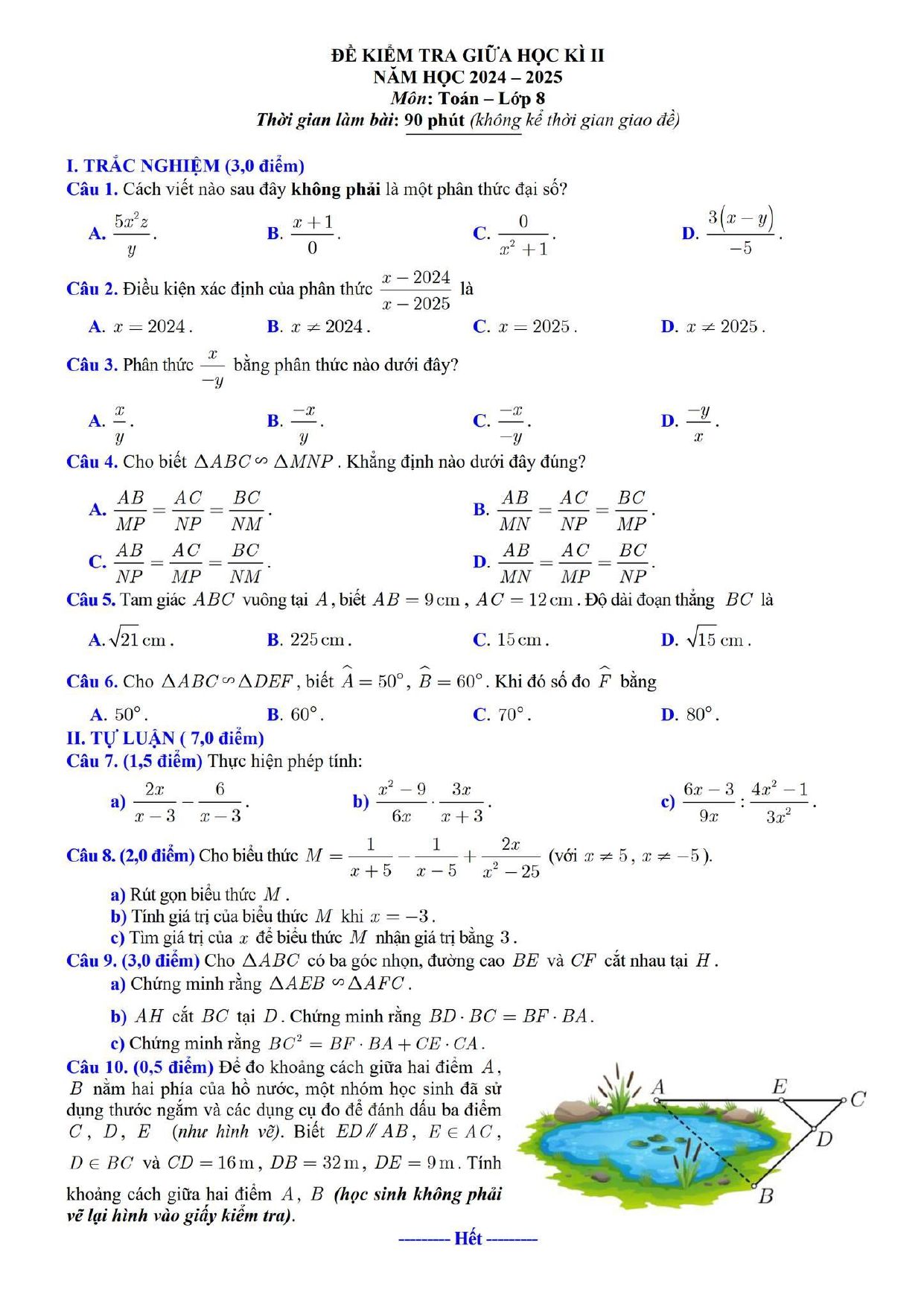 Đề thi Giữa kì 2 Toán 8 phòng GD&ĐT Lương Tài (Bắc Ninh) năm 2024–2025