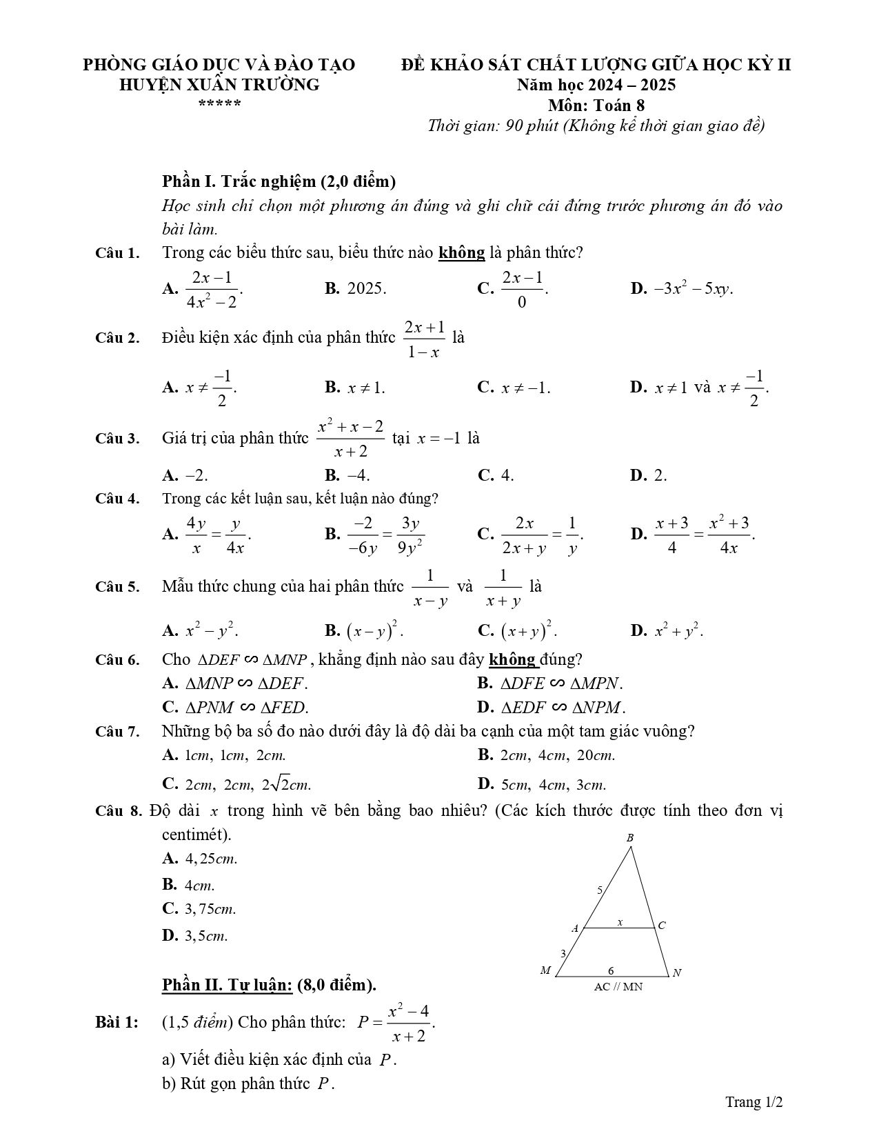 Đề thi Giữa kì 2 Toán 8 phòng GD&ĐT Xuân Trường (Nam Định) năm 2024–2025