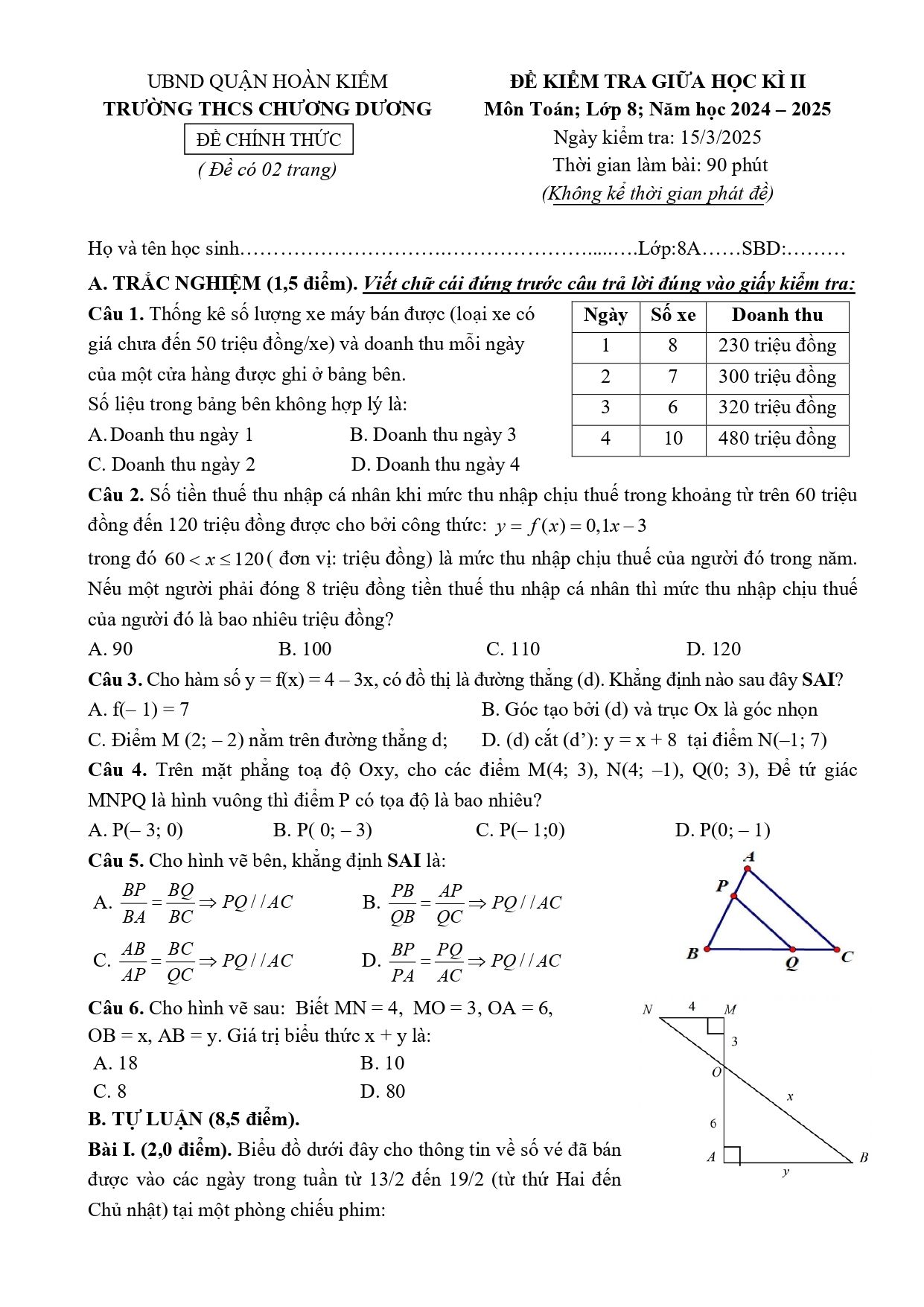 Đề thi Giữa kì 2 Toán 8 trường THCS Chương Dương (Hà Nội) năm 2024–2025