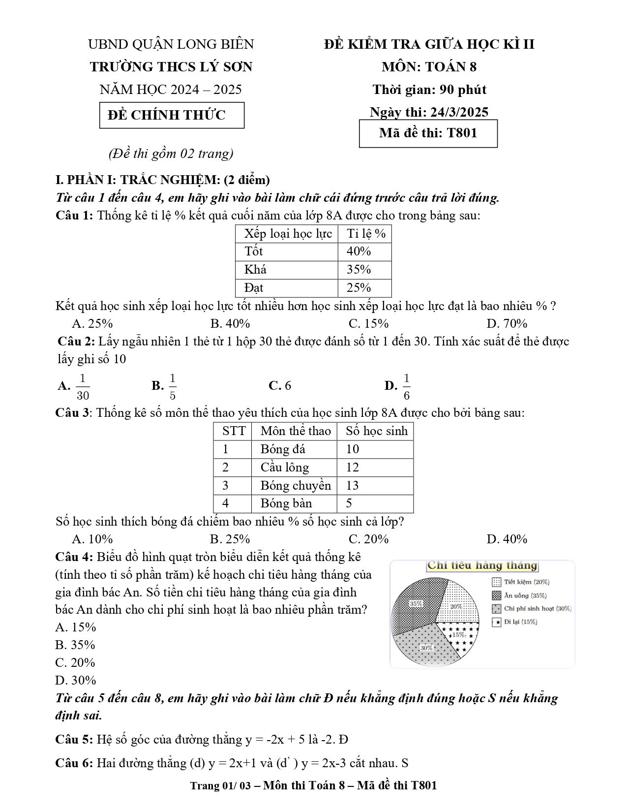 Đề thi Giữa kì 2 Toán 8 trường THCS Lý Sơn (Hà Nội) năm 2024–2025