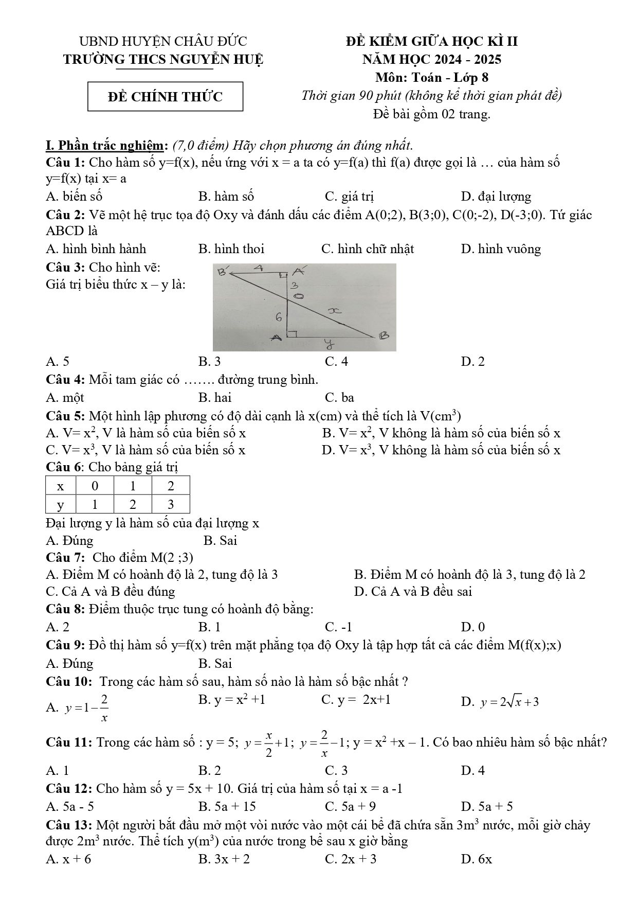 Đề thi Giữa kì 2 Toán 8 trường THCS Nguyễn Huệ (Bà Rịa - Vũng Tàu) năm 2024–2025