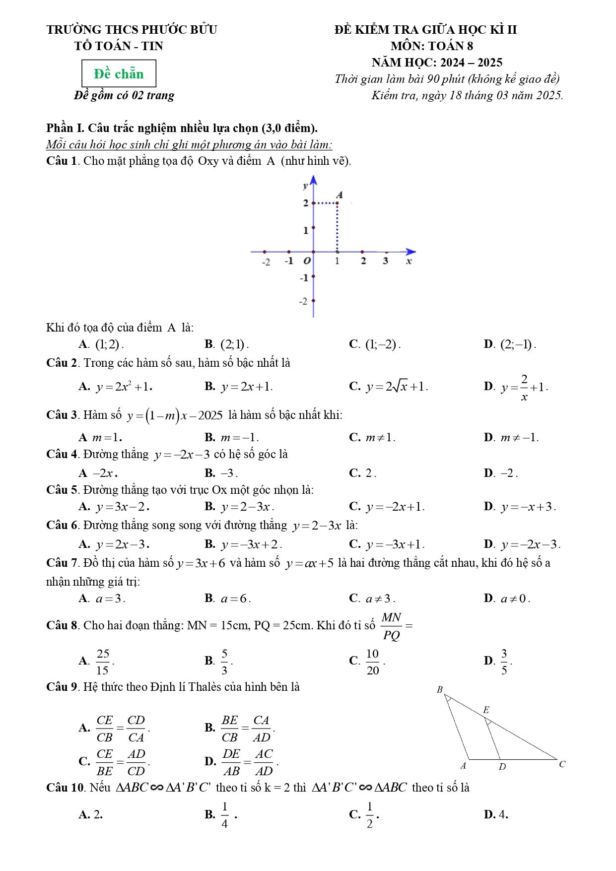 Đề thi Giữa kì 2 Toán 8 trường THCS Phước Bửu (Bà Rịa - Vũng Tàu) năm 2024–2025
