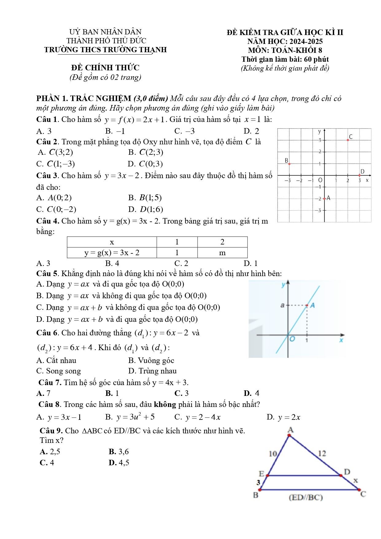 Đề thi Giữa kì 2 Toán 8 trường THCS Trường Thạnh (Tp.HCM) năm 2024–2025