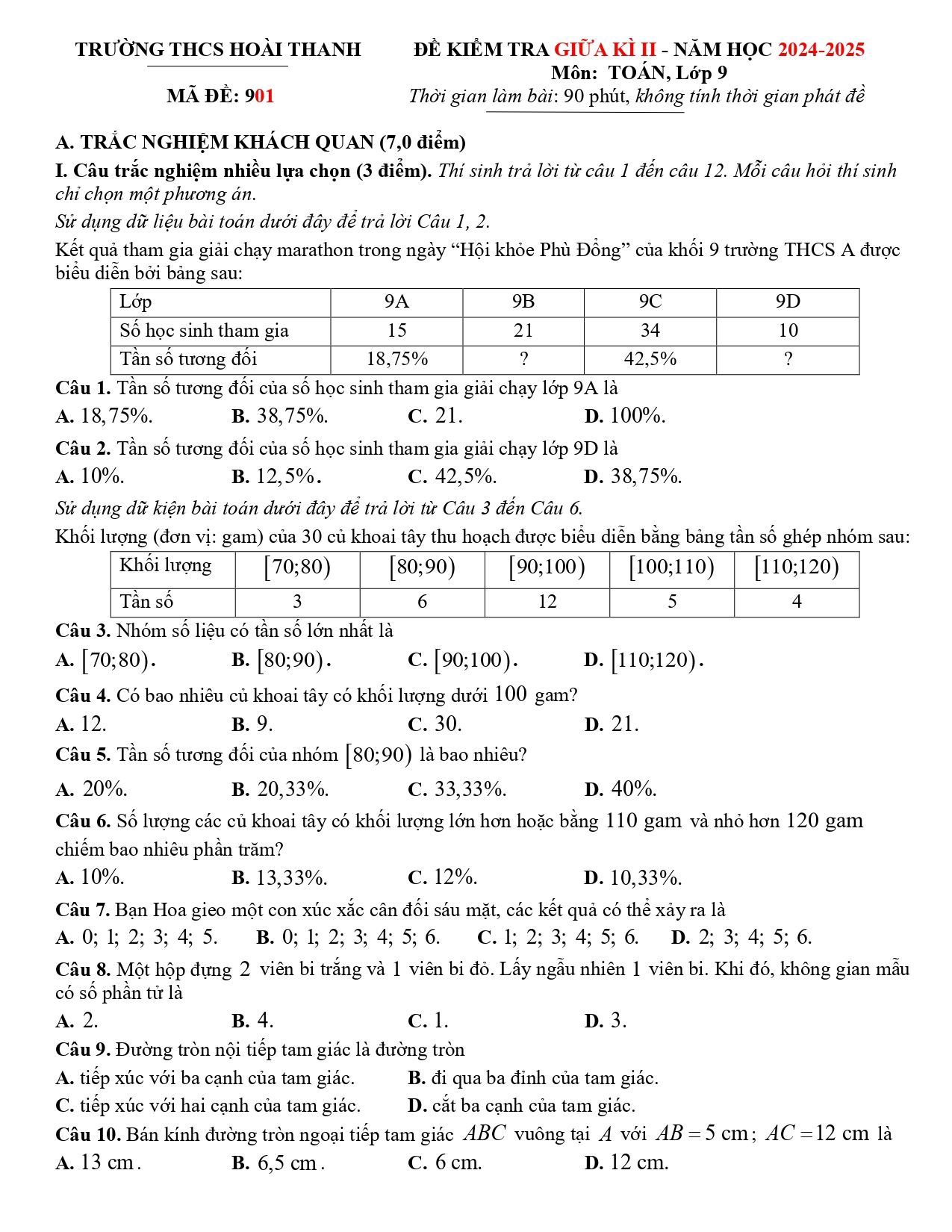 Đề thi Giữa kì 2 Toán 9 trường THCS Hoài Thanh (Bình Định) năm 2024–2025
