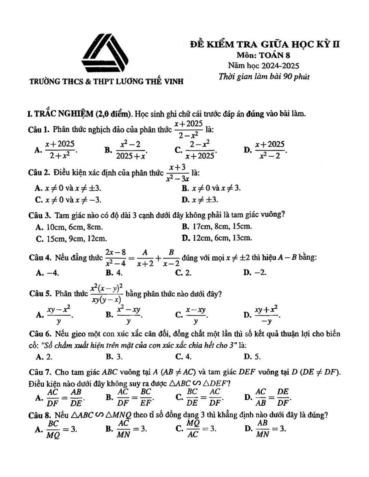 Đề thi Giữa kì 2 Toán 8 trường Lương Thế Vinh (Hà Nội) năm 2024–2025