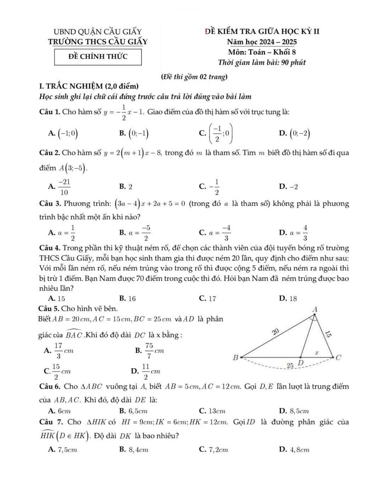 Đề thi Giữa kì 2 Toán 8 trường THCS Cầu Giấy (Hà Nội) năm 2024–2025