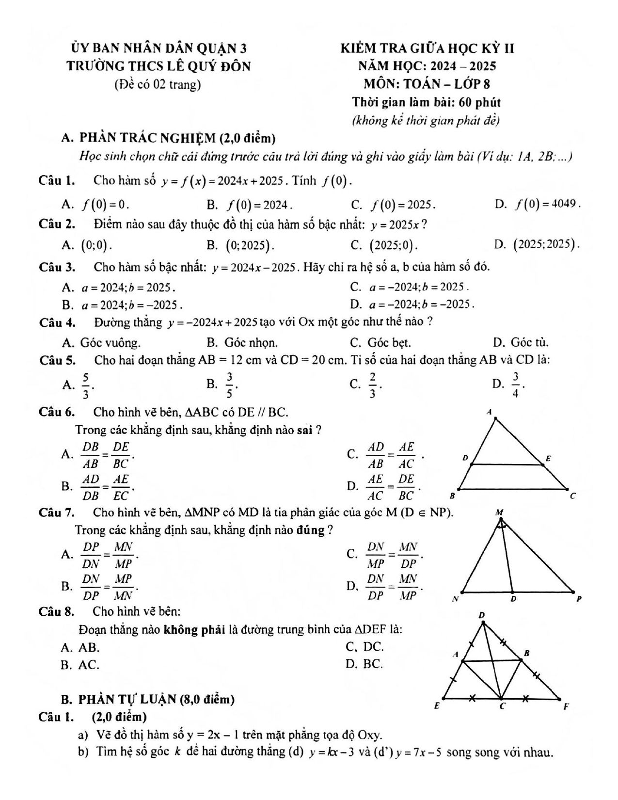 Đề thi Giữa kì 2 Toán 8 trường THCS Lê Quý Đôn (Tp.HCM) năm 2024–2025