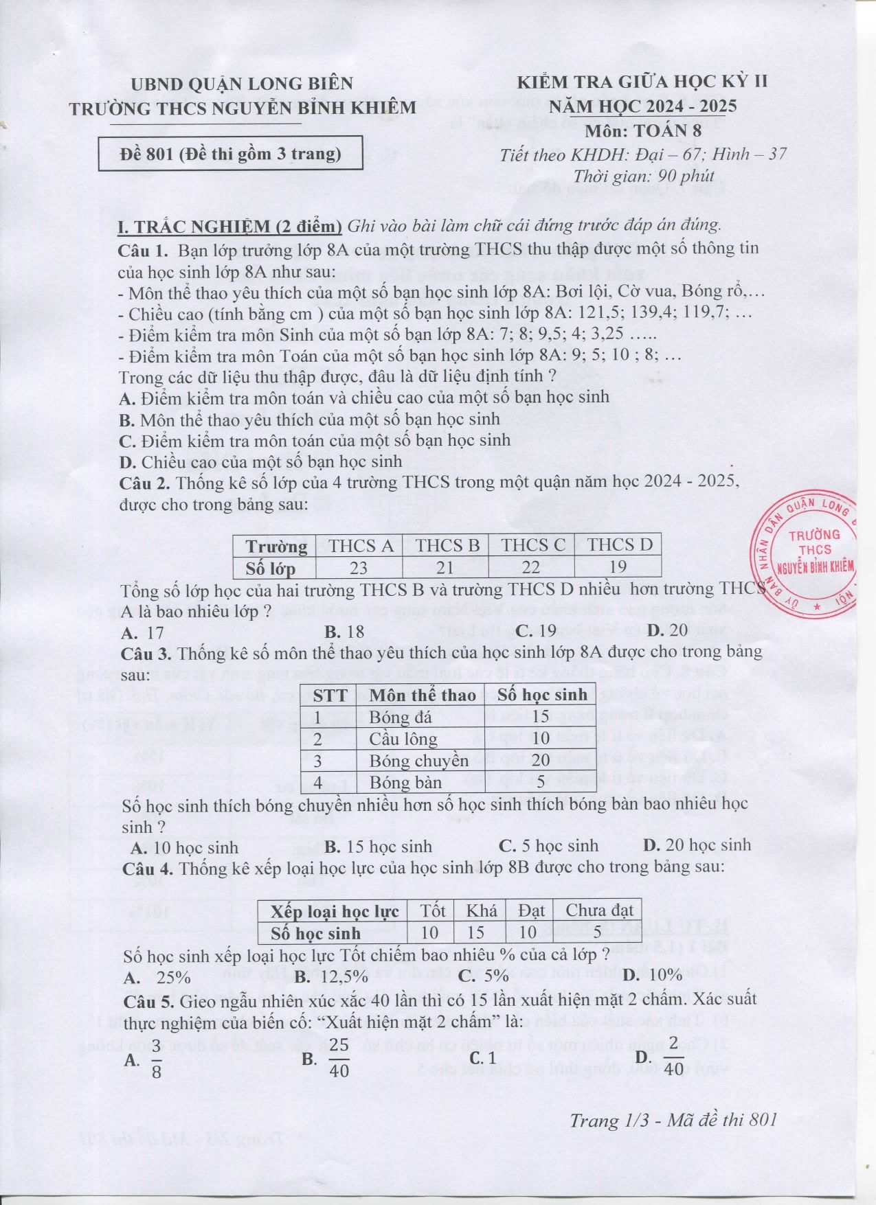 Đề thi Giữa kì 2 Toán 8 trường THCS Nguyễn Bỉnh Khiêm (Hà Nội) năm 2024–2025