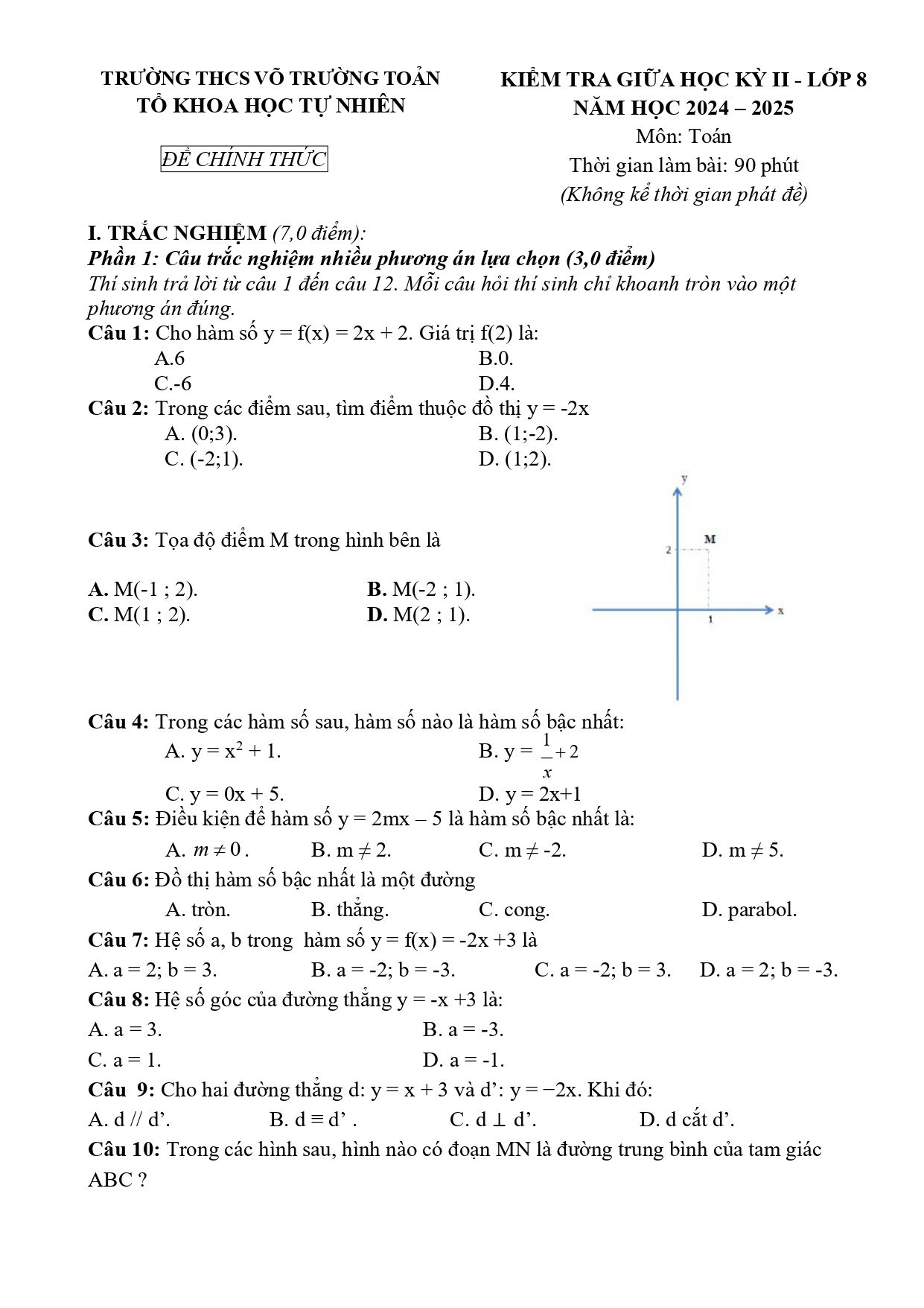 Đề thi Giữa kì 2 Toán 8 trường THCS Võ Trường Toản (Bà Rịa - Vũng Tàu) năm 2024–2025