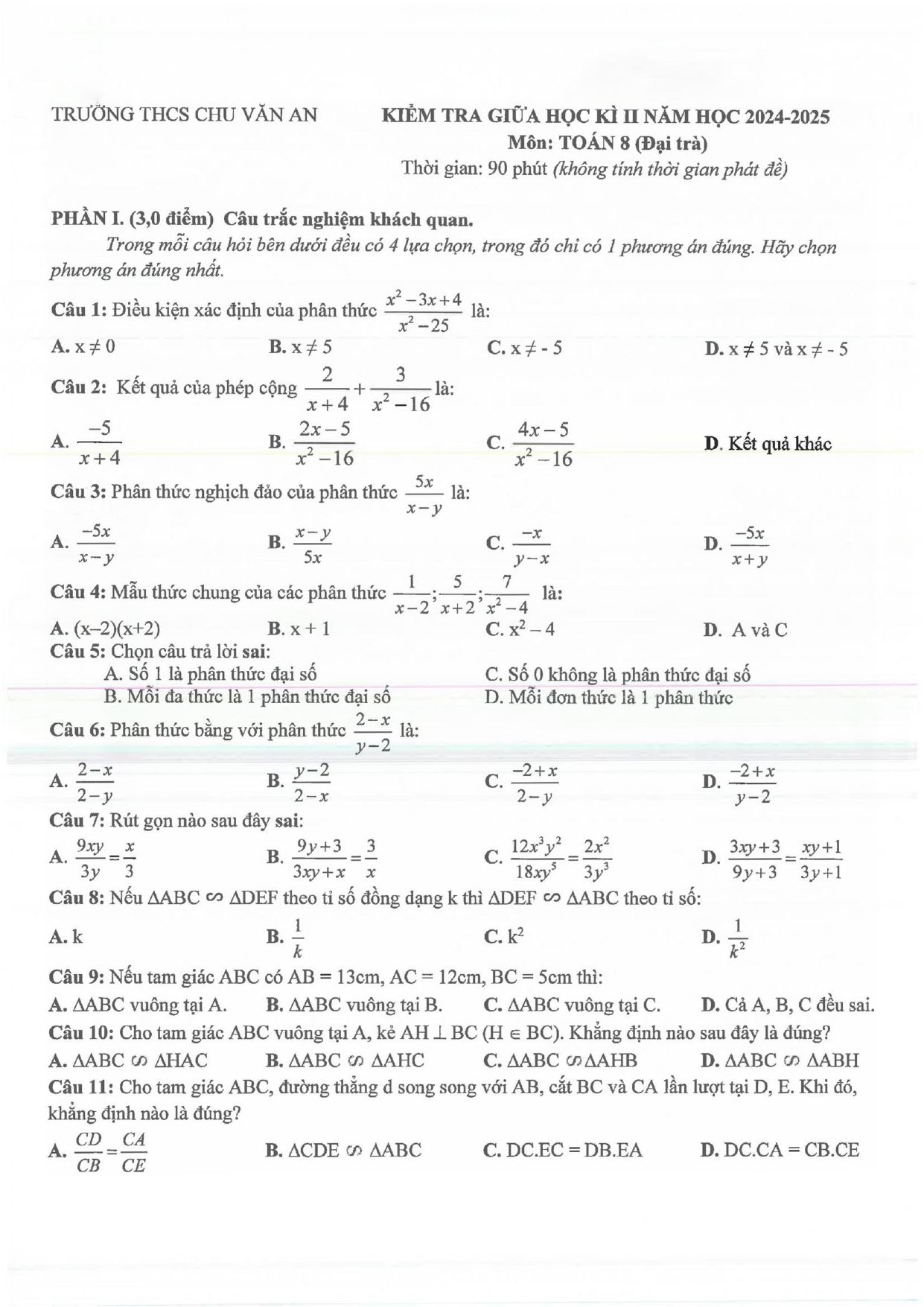 Đề thi Giữa kì 2 Toán 8 trường THCS Chu Văn An (Bình Dương) năm 2024–2025
