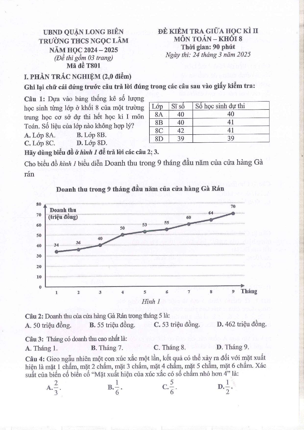 Đề thi Giữa kì 2 Toán 8 trường THCS Ngọc Lâm (Hà Nội) năm 2024–2025