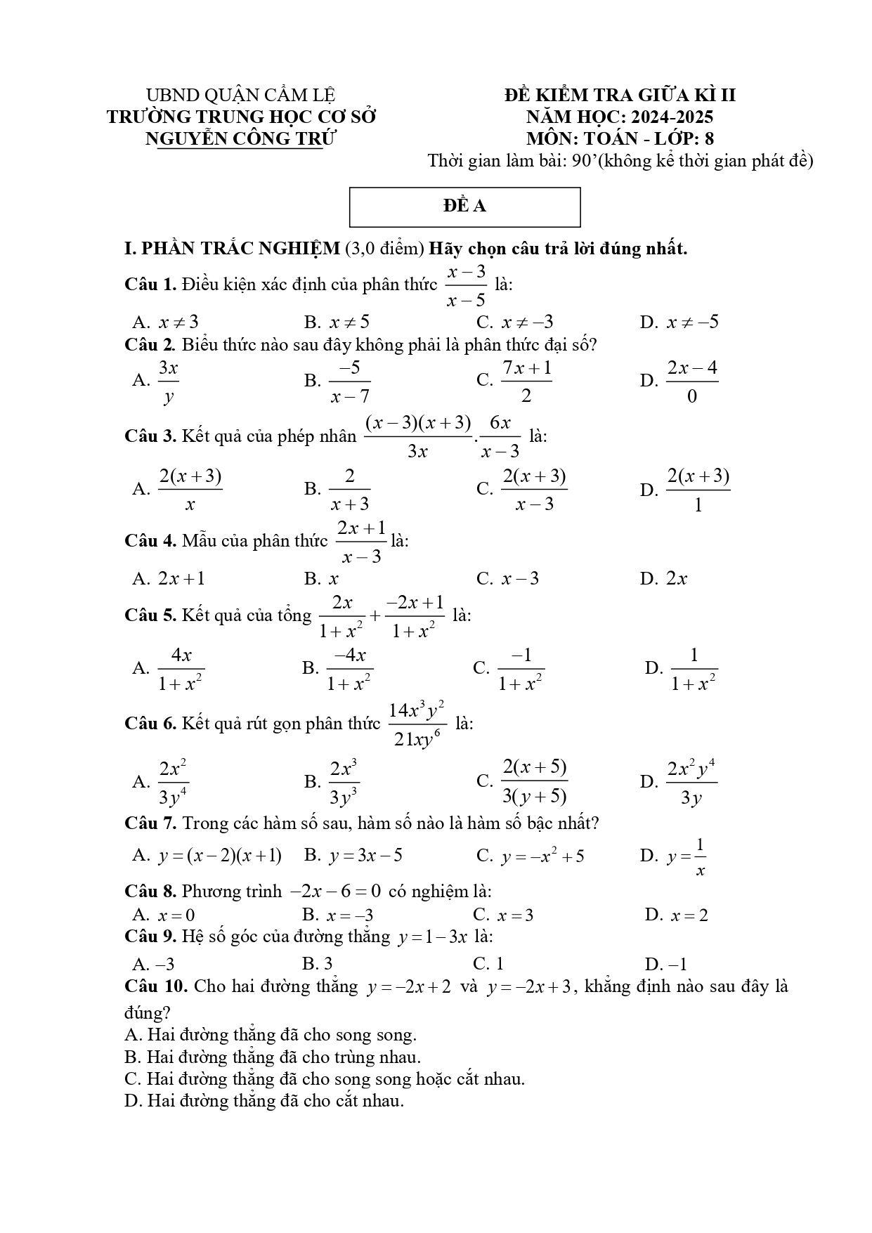 Đề thi Giữa kì 2 Toán 8 trường THCS Nguyễn Công Trứ (Đà Nẵng) năm 2024–2025