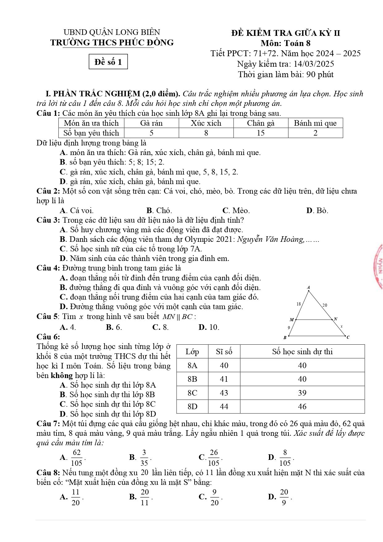Đề thi Giữa kì 2 Toán 8 trường THCS Phúc Đồng (Hà Nội) năm 2024–2025
