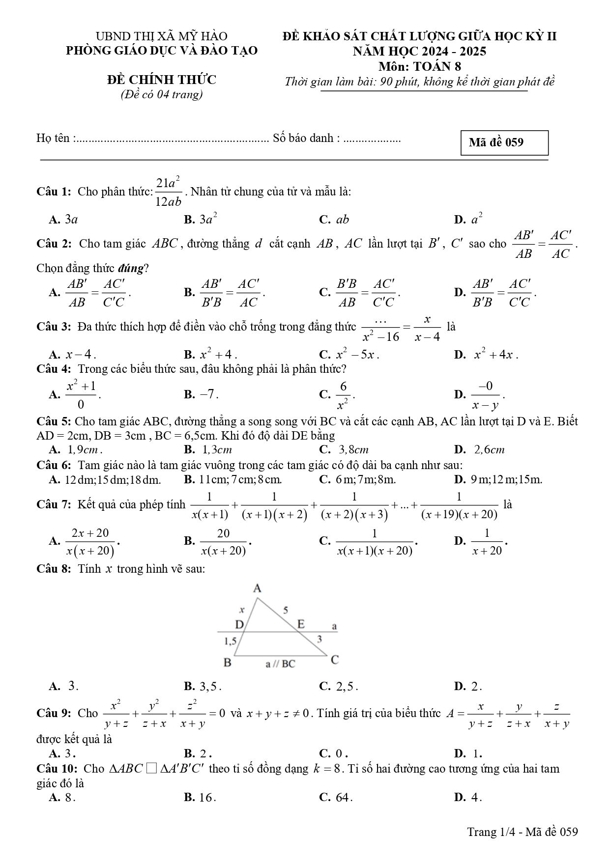 Đề thi Giữa kì 2 Toán 8 phòng GD&ĐT Mỹ Hào (Hưng Yên) năm 2024–2025