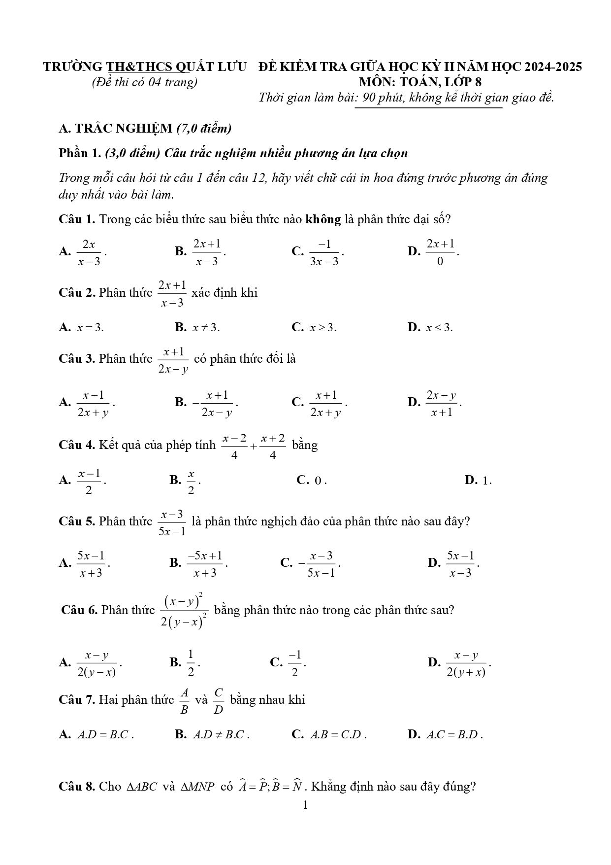 Đề thi Giữa kì 2 Toán 8 trường TH&THCS Quất Lưu (Vĩnh Phúc) năm 2024–2025