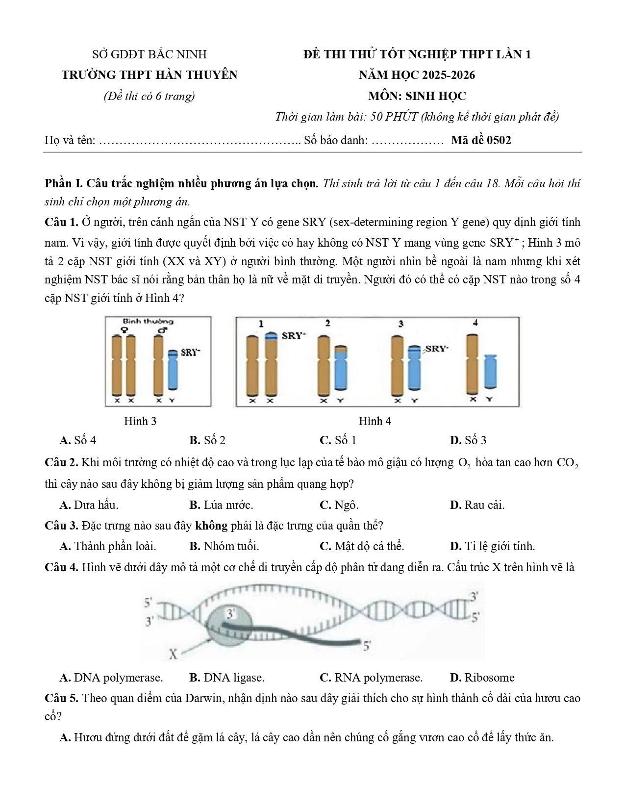 Đề thi thử Tốt nghiệp THPT Sinh học 2025 - 2026 trường THPT Hàn Thuyên (Bắc Ninh)
