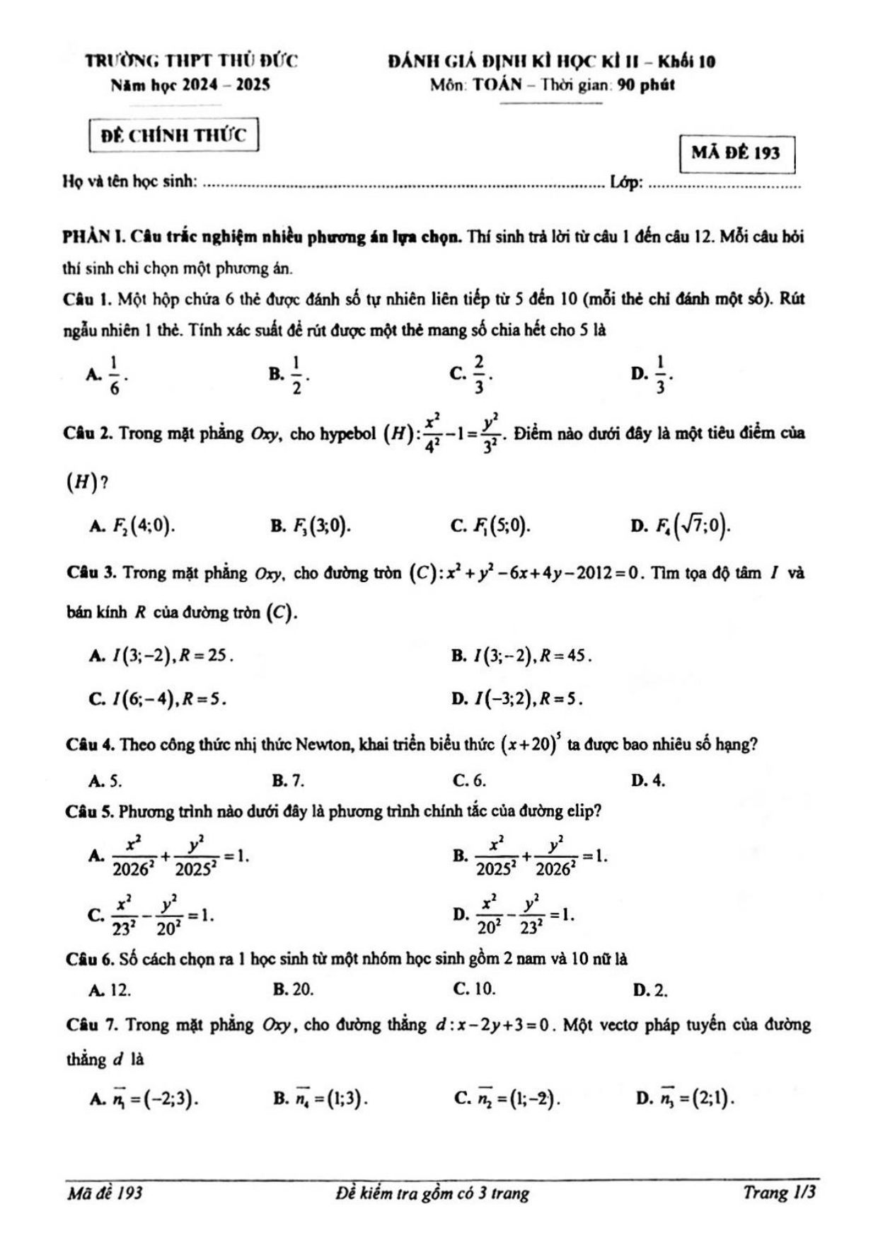 Đề thi Học kì 2 Toán 10 trường THPT Thủ Đức (Hồ Chí Minh) năm 2024–2025