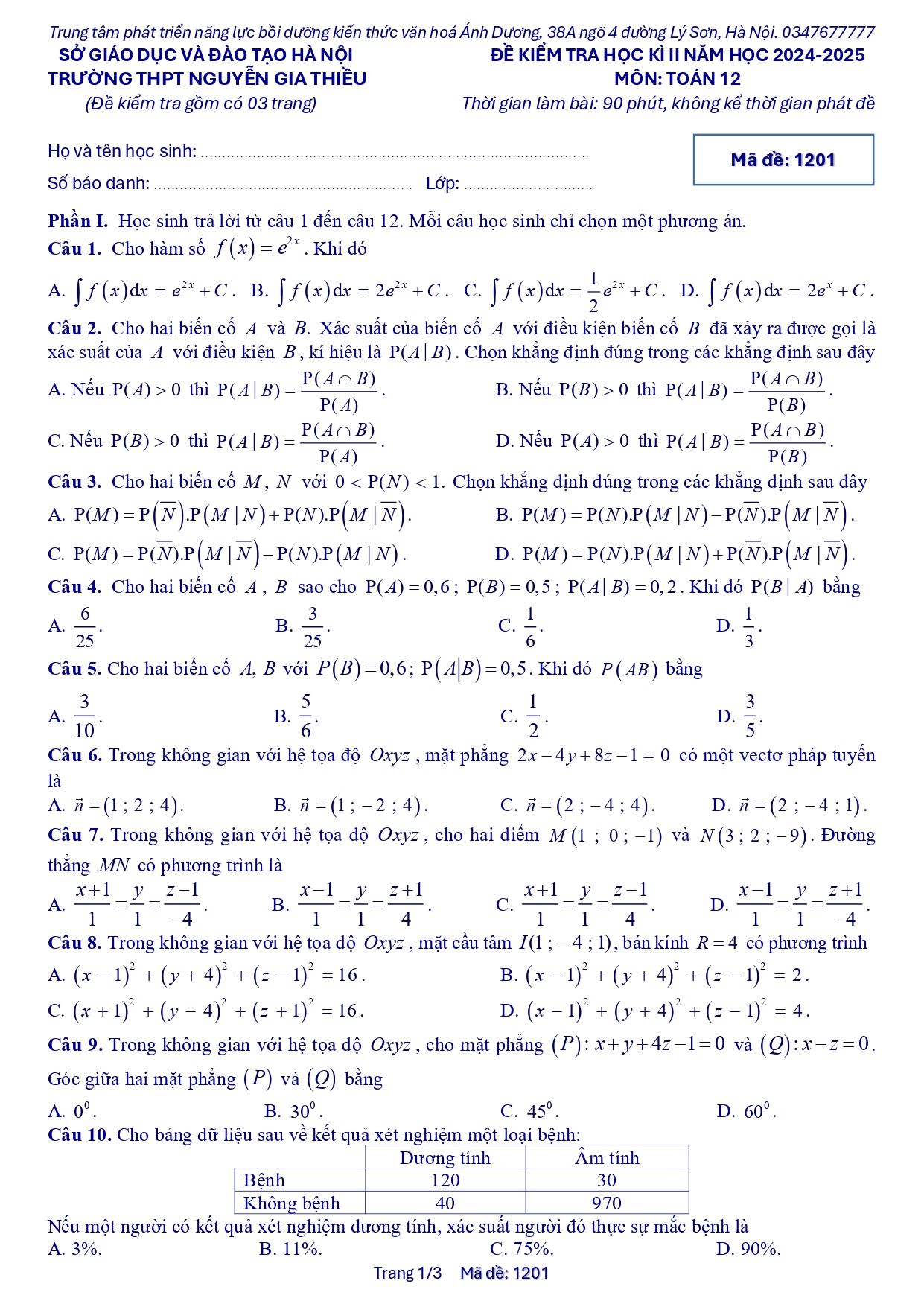 Đề thi Học kì 2 Toán 12 trường THPT Nguyễn Gia Thiều (Hà Nội) năm 2024–2025
