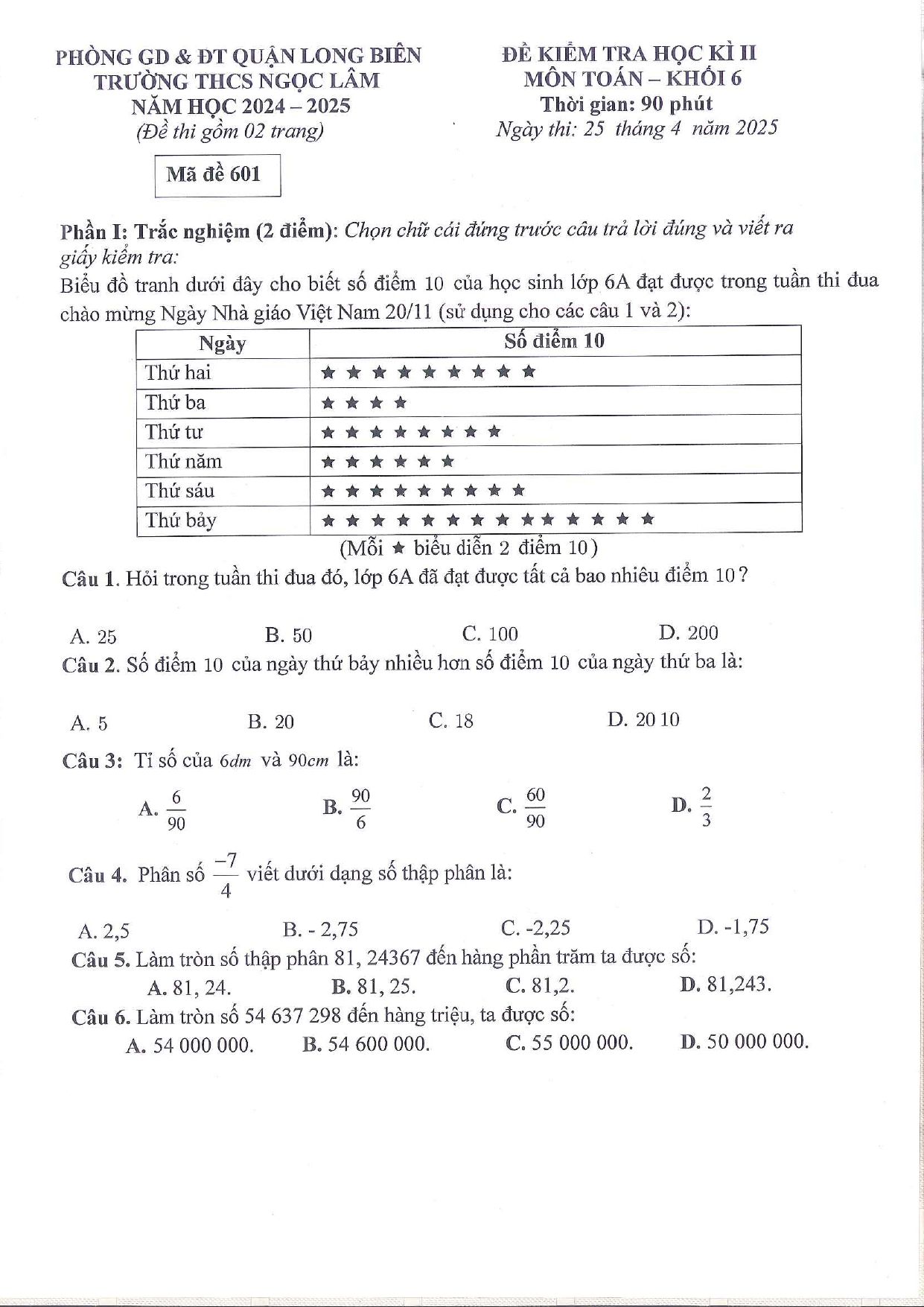 Đề thi Học kì 2 Toán 6 trường THCS Ngọc Lâm (Hà Nội) năm 2024–2025